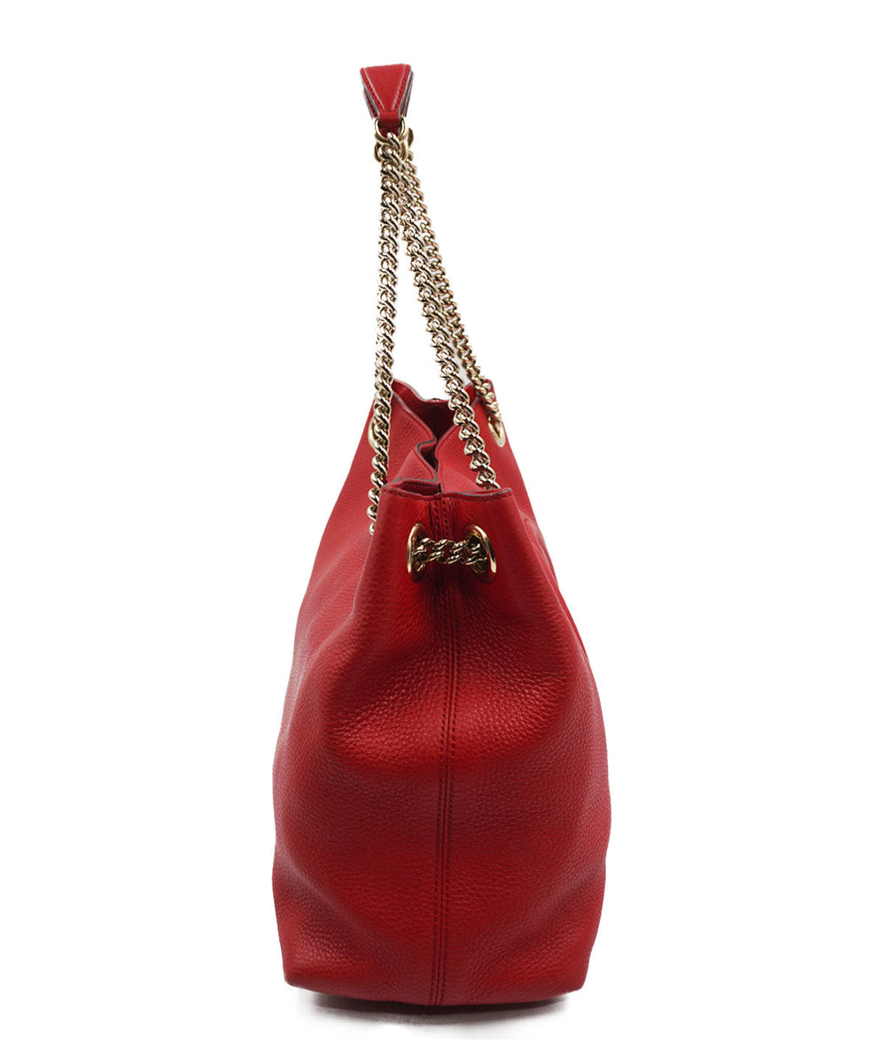 Red Pebbled Leather Soho Chain Tote Bag Red