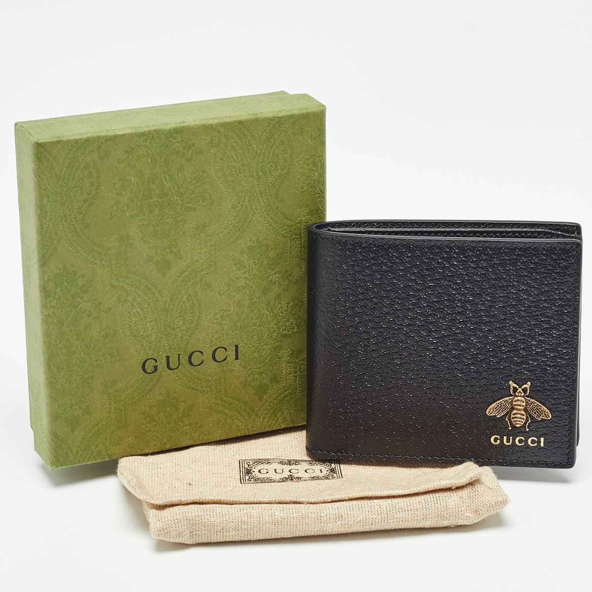GUCCI Black Leather Animalier Bifold Compact Wallet