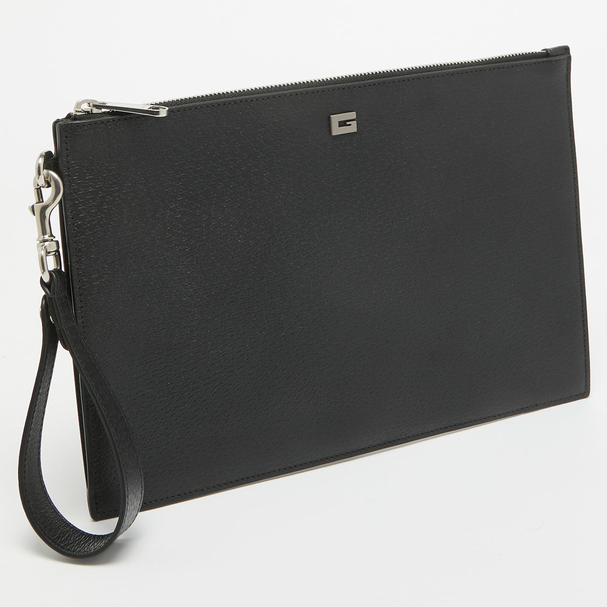 GUCCI Black Leather Square G Wristlet Clutch