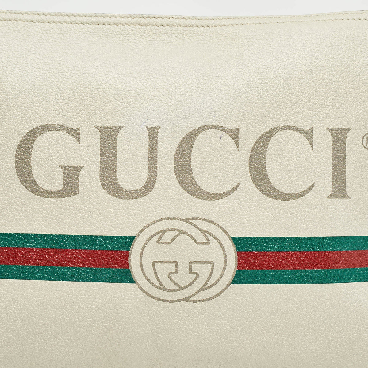 GUCCI Off White Leather Logo Print Zip Pouch