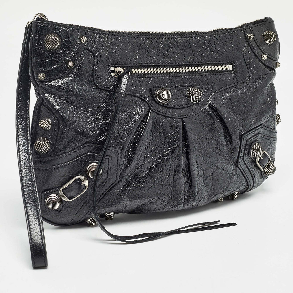 balenciaga Black Leather SGH Flat Wristlet Clutch