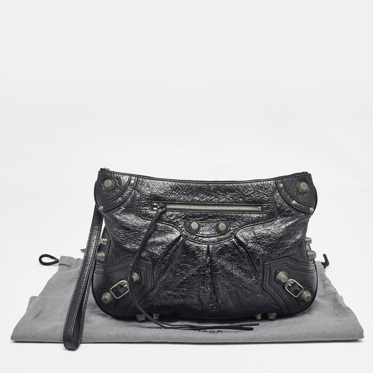 balenciaga Black Leather SGH Flat Wristlet Clutch