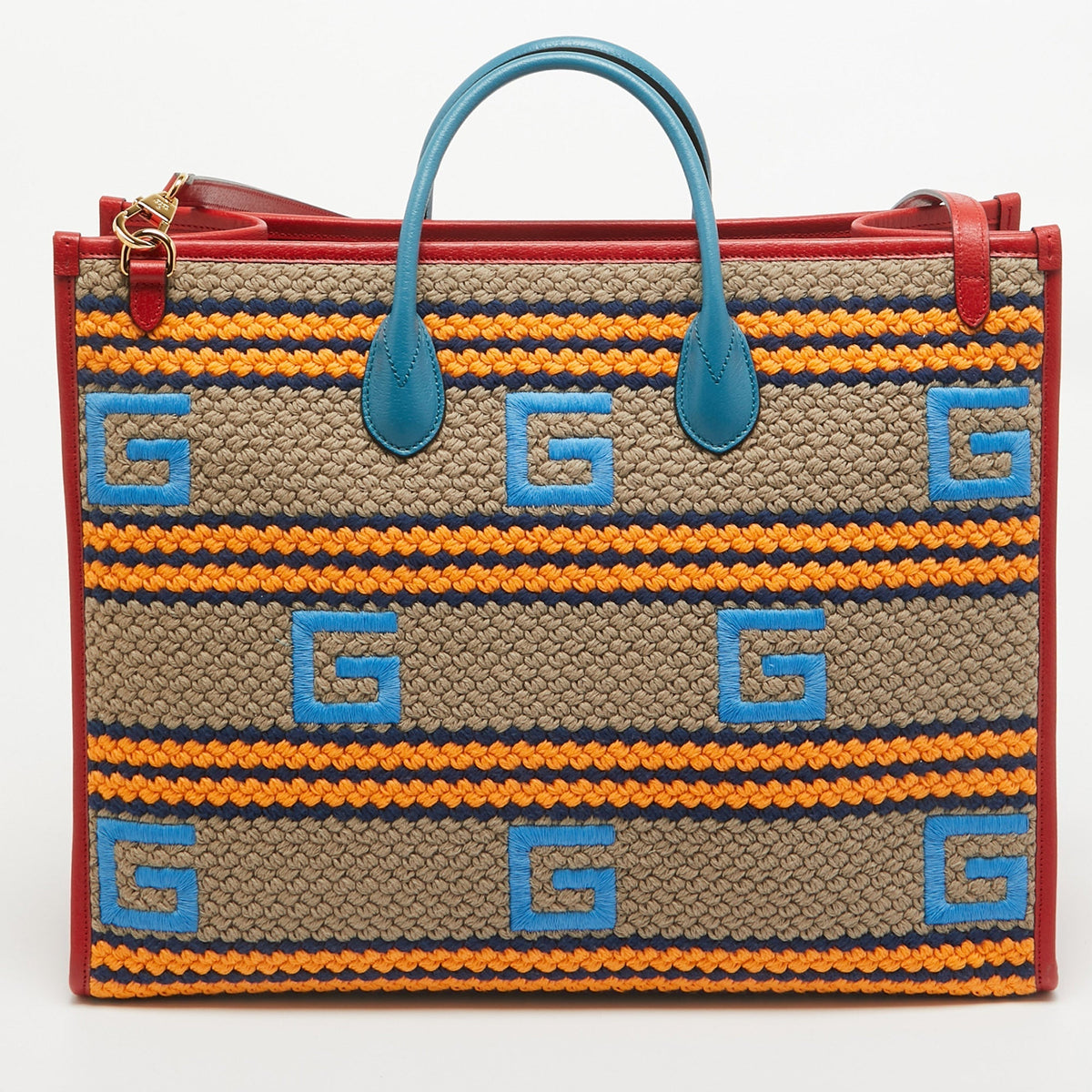 GUCCI Multicolor Woven Fabric and Leather Square G Mykonos Tote