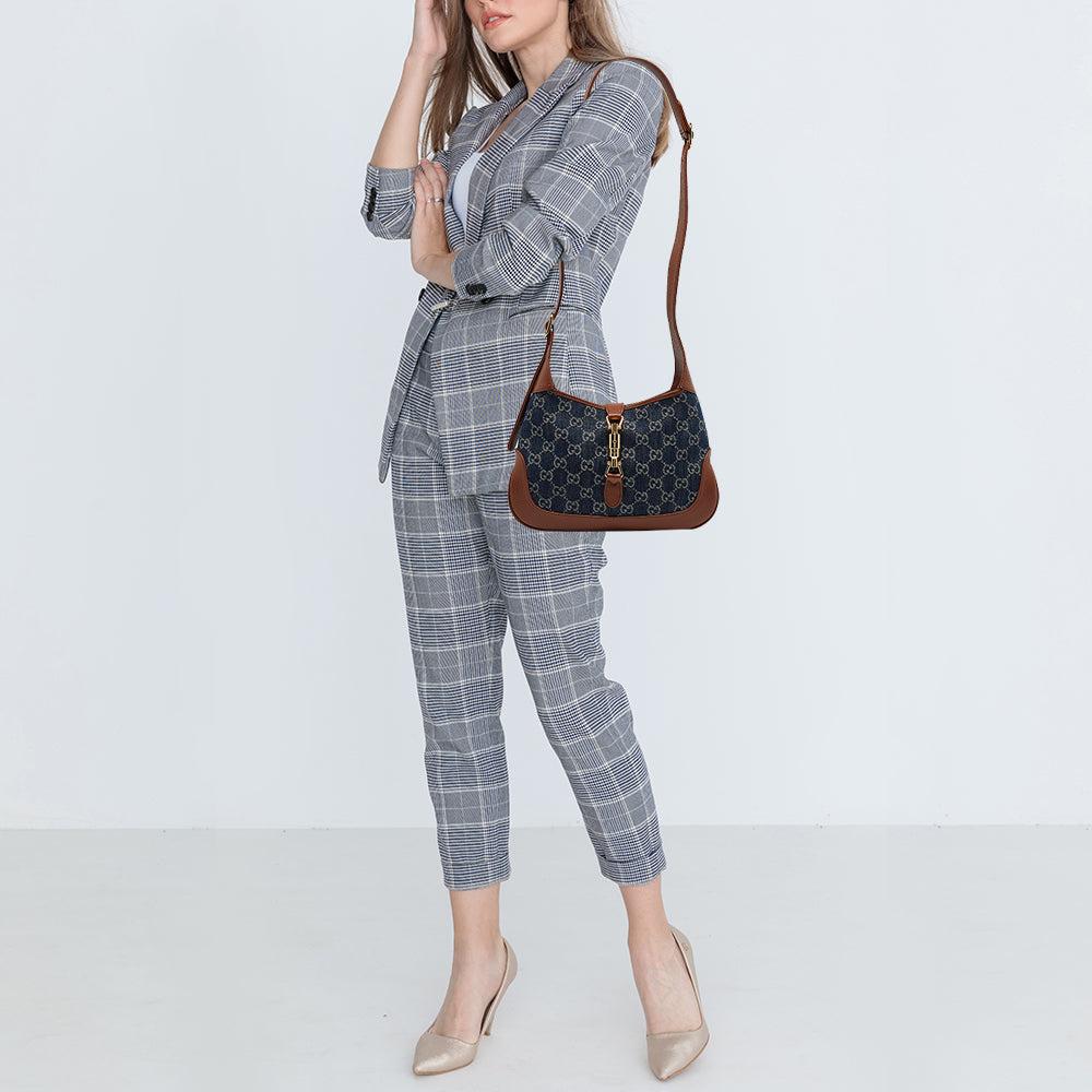 GUCCI Blue/Brown GG Denim and Leather Small Jackie 1961 Hobo