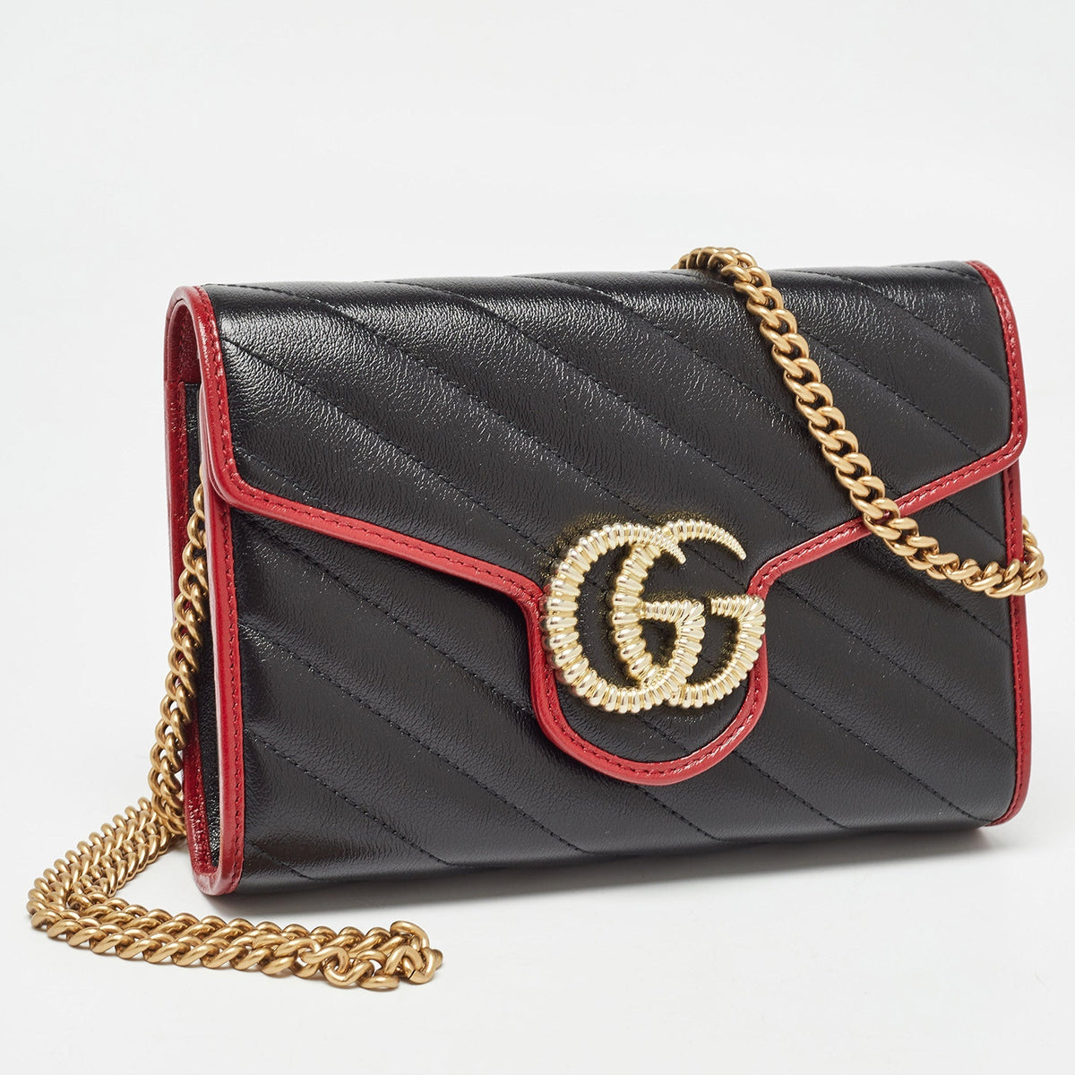 GUCCI Black/Red Diagonal Quilt Leather GG Marmont Torchon Wallet on Chain