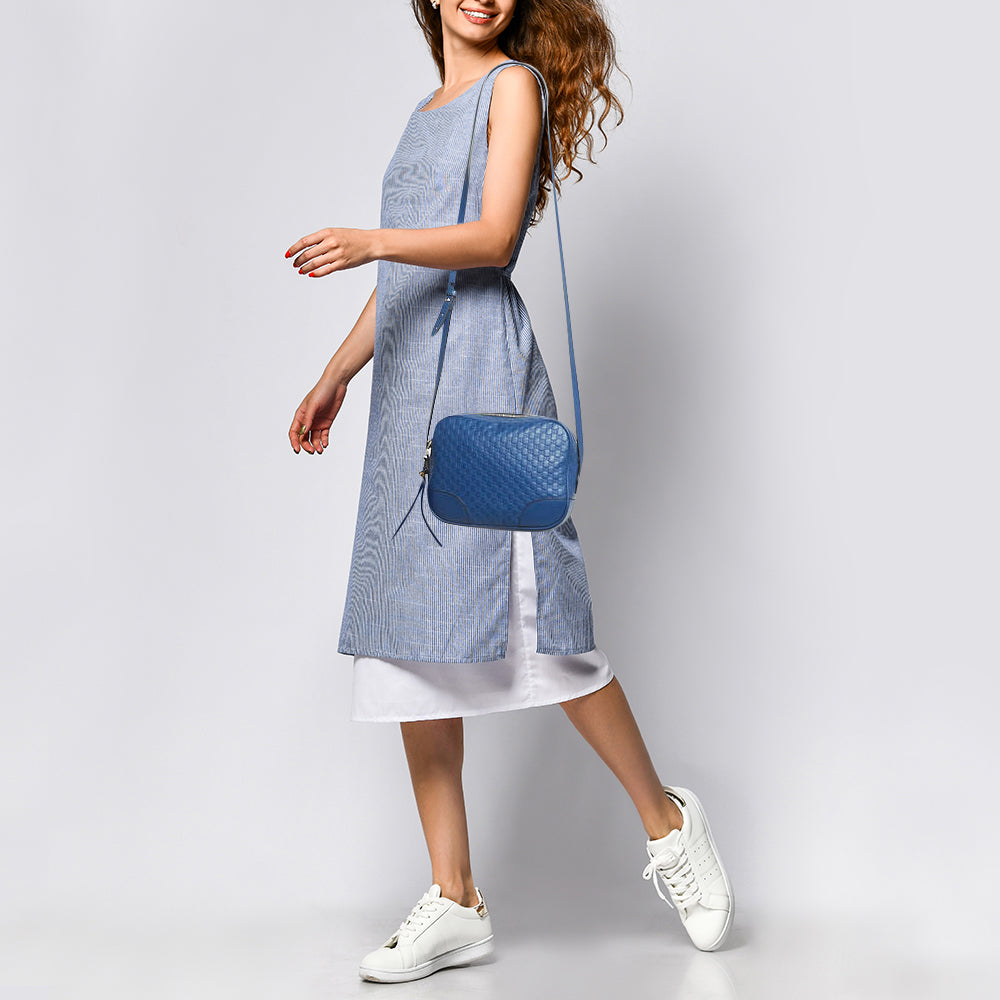 GUCCI Blue Micro ssima Leather Bree Crossbody Bag