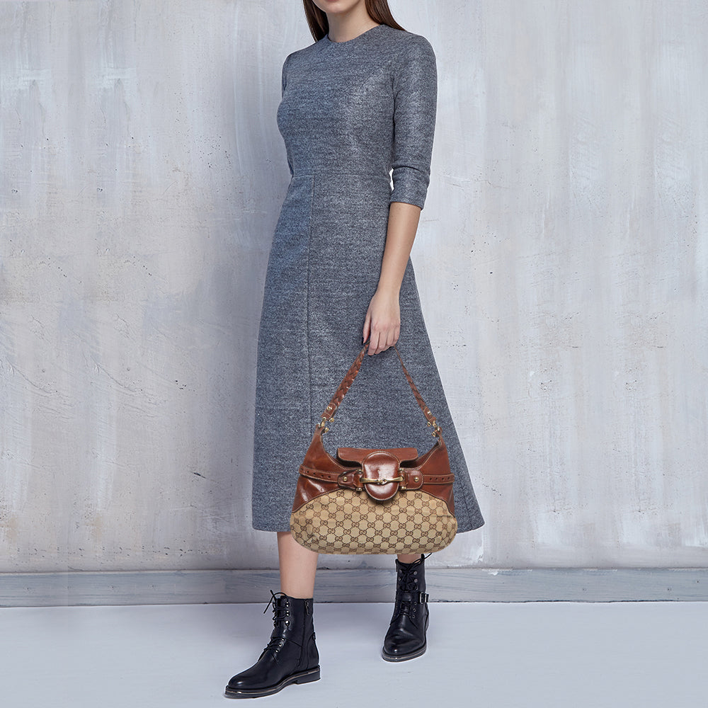 GUCCI Brown/Beige GG Canvas and Leather Horsebit Flap Hobo
