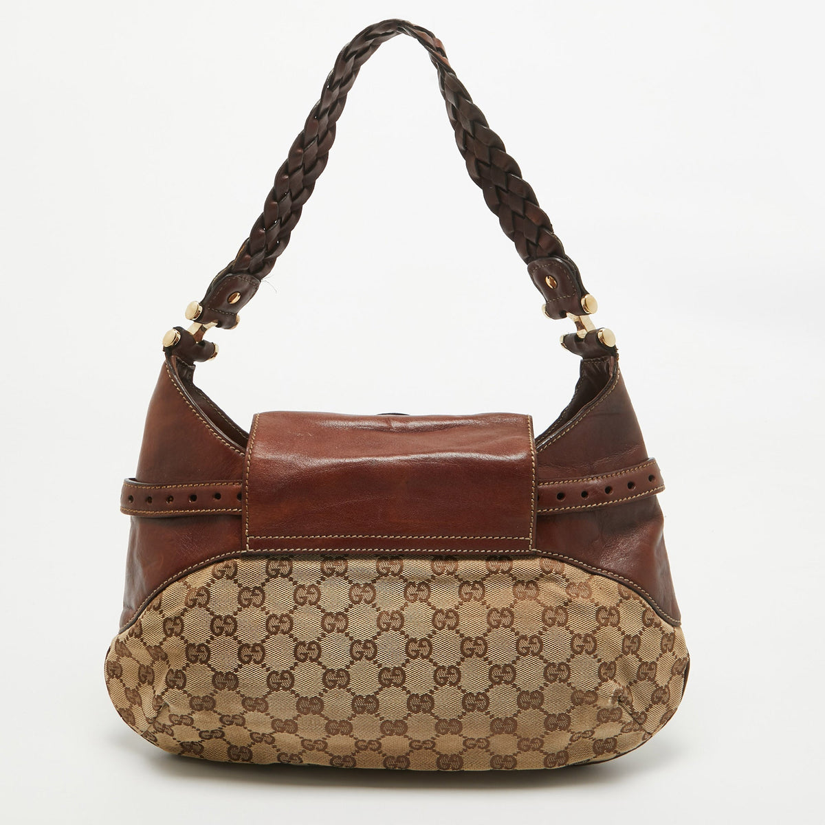 GUCCI Brown/Beige GG Canvas and Leather Horsebit Flap Hobo