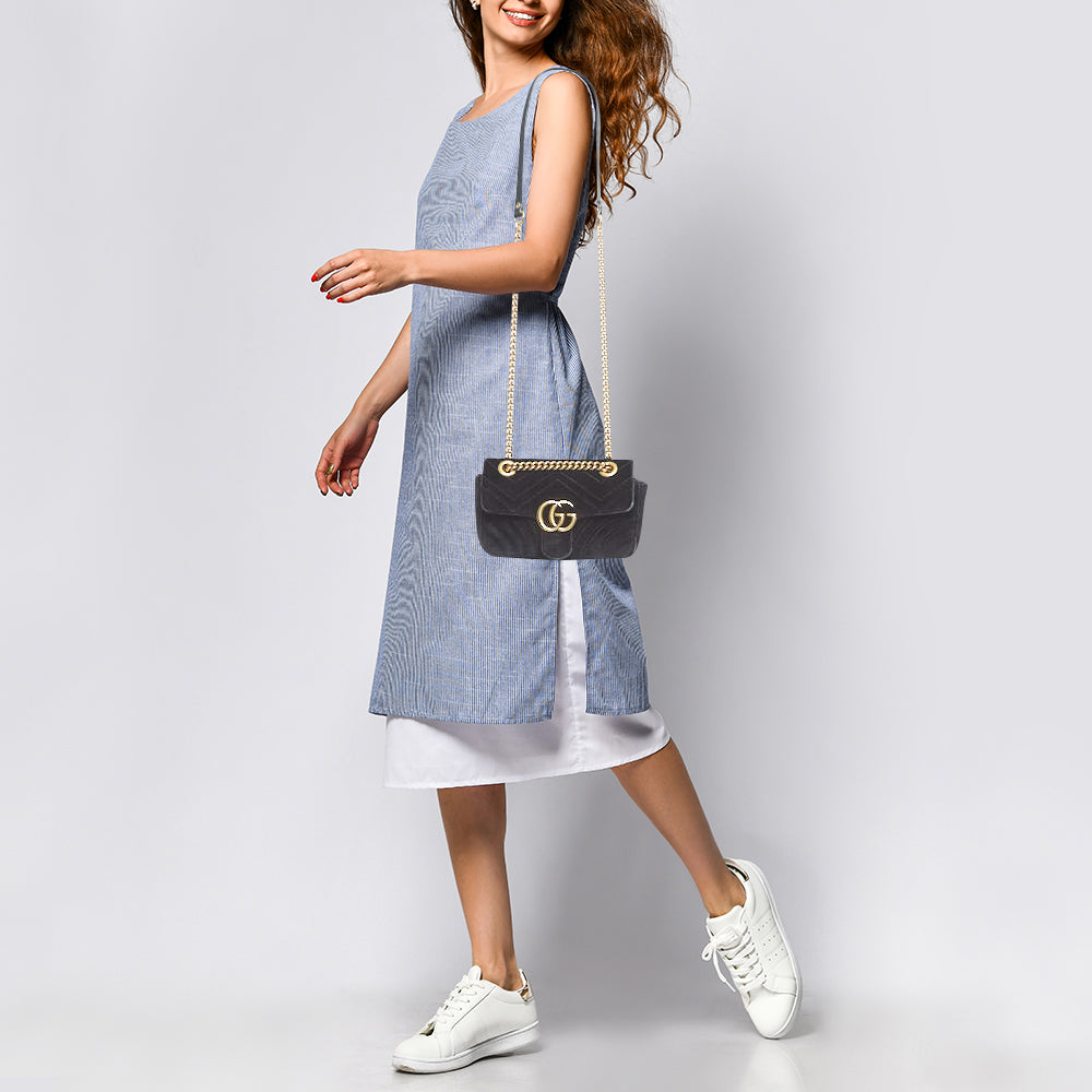 GUCCI Black Matelasse Velvet Mini GG Marmont Shoulder Bag