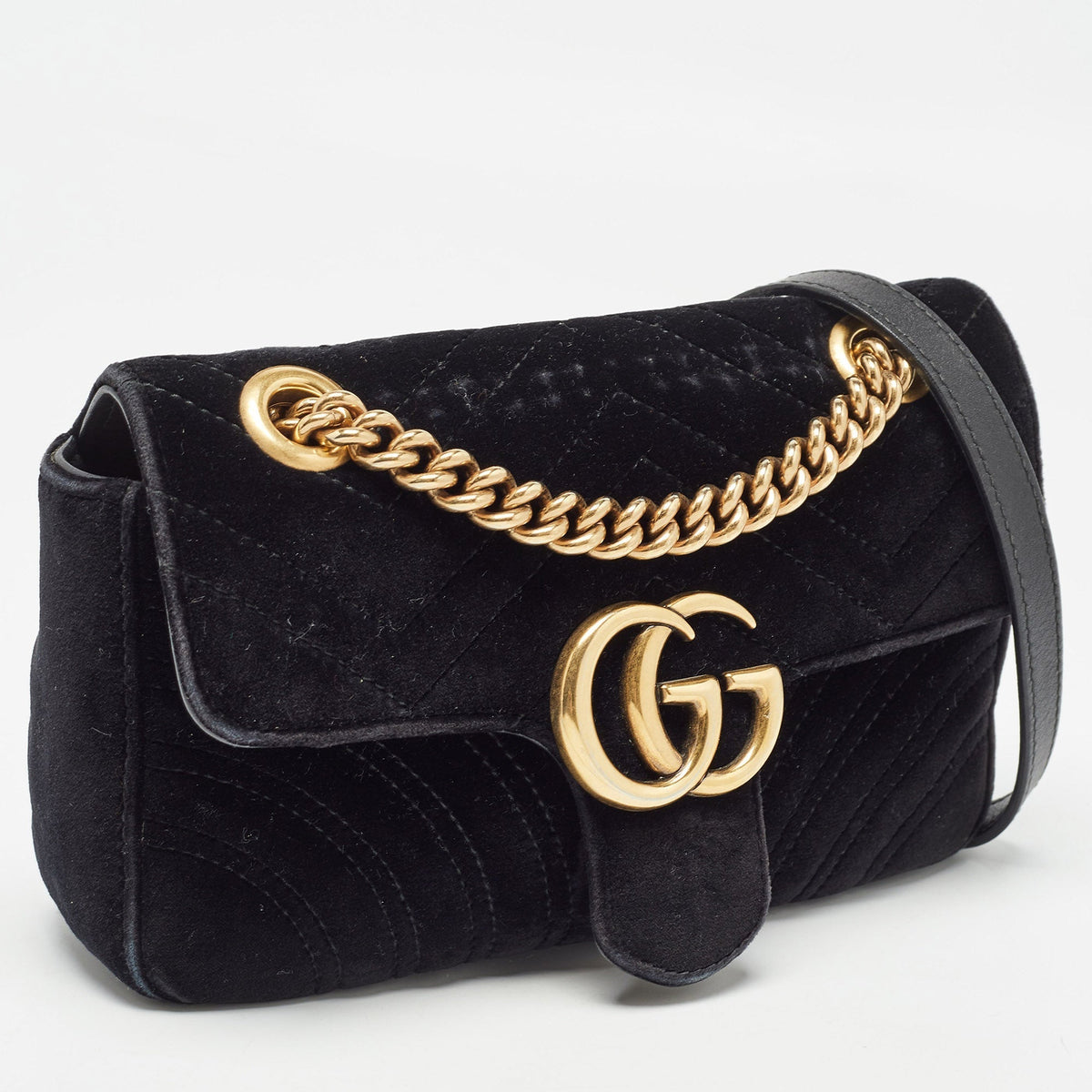 GUCCI Black Matelasse Velvet Mini GG Marmont Shoulder Bag