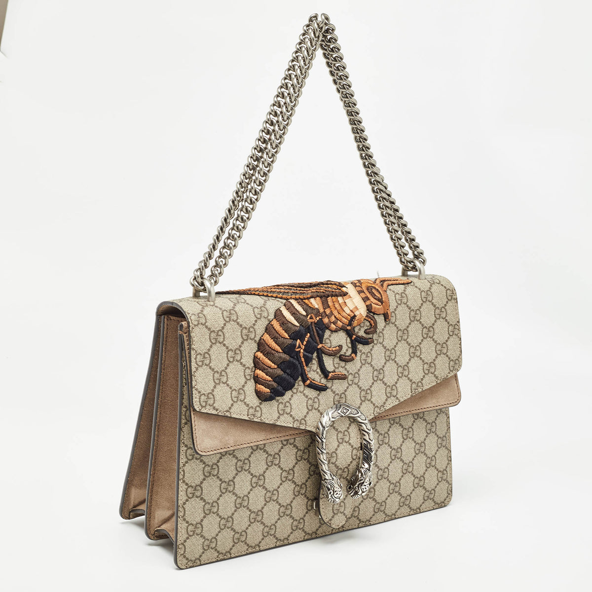 GUCCI Beige GG Supreme Canvas and Suede Medium Bee Embroidered Dionysus Shoulder Bag