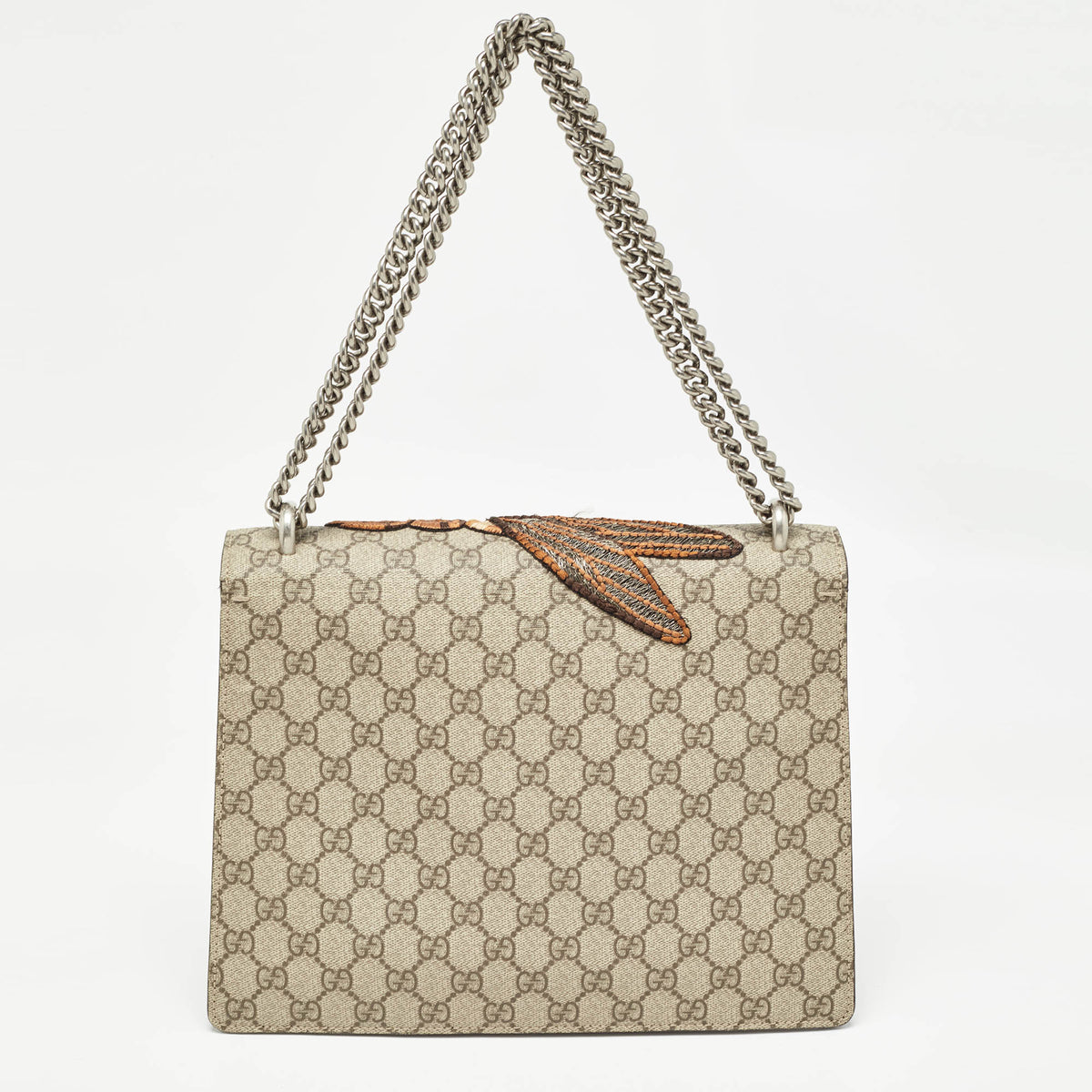 GUCCI Beige GG Supreme Canvas and Suede Medium Bee Embroidered Dionysus Shoulder Bag