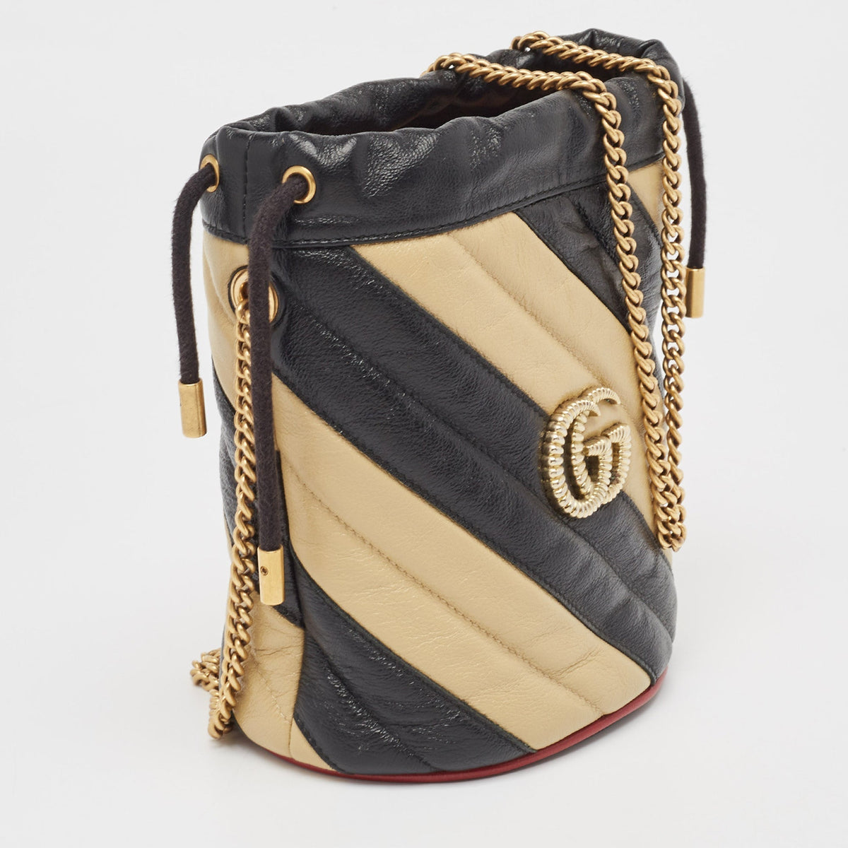 GUCCI Black/Beige Diagonal Leather Mini GG Marmont Torchon Bucket Bag