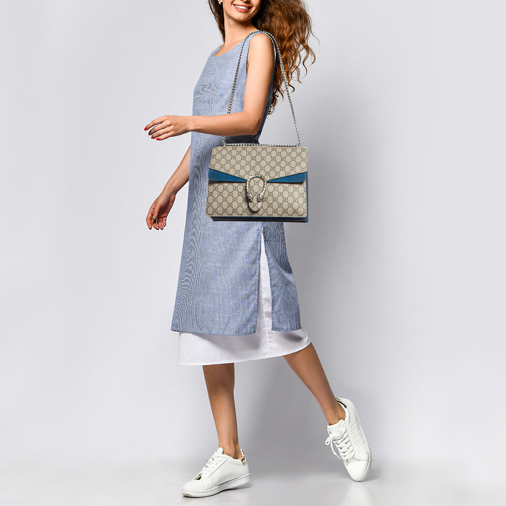 GUCCI Beige/Blue GG Supreme Canvas and Suede Medium Dionysus Shoulder Bag