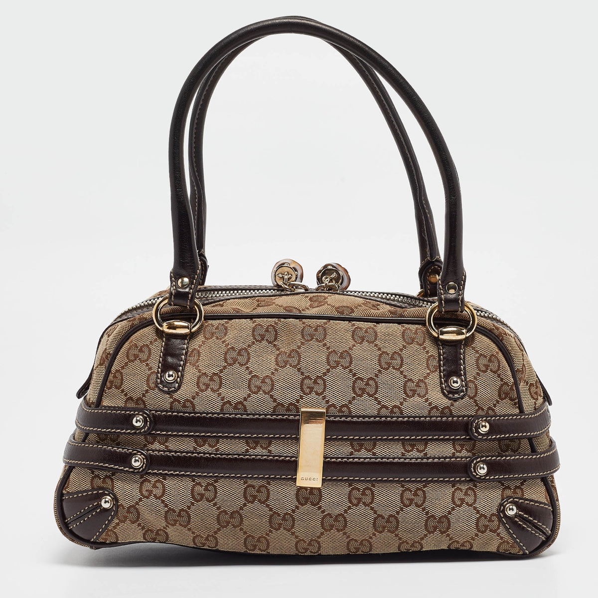 GUCCI Brown/Beige GG Canvas and Leather Horsebit Wave Boston Bag
