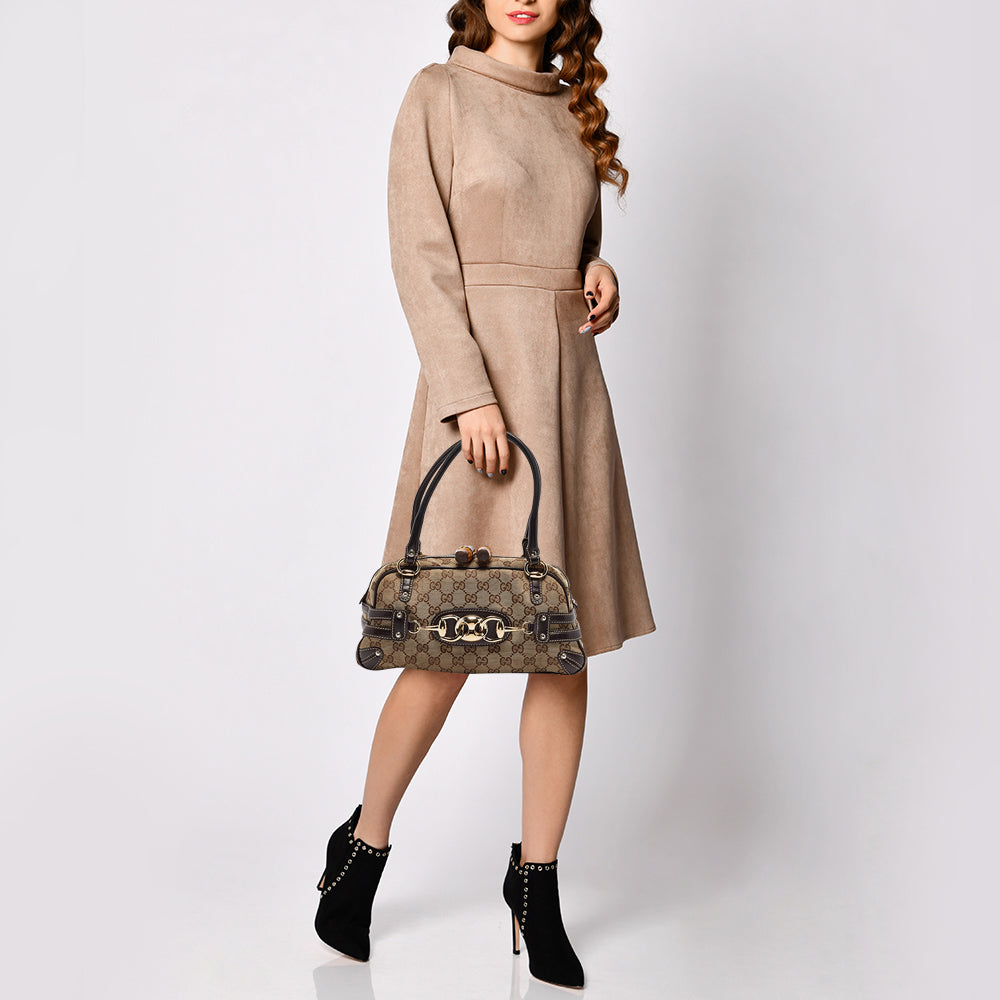 GUCCI Brown/Beige GG Canvas and Leather Horsebit Wave Boston Bag