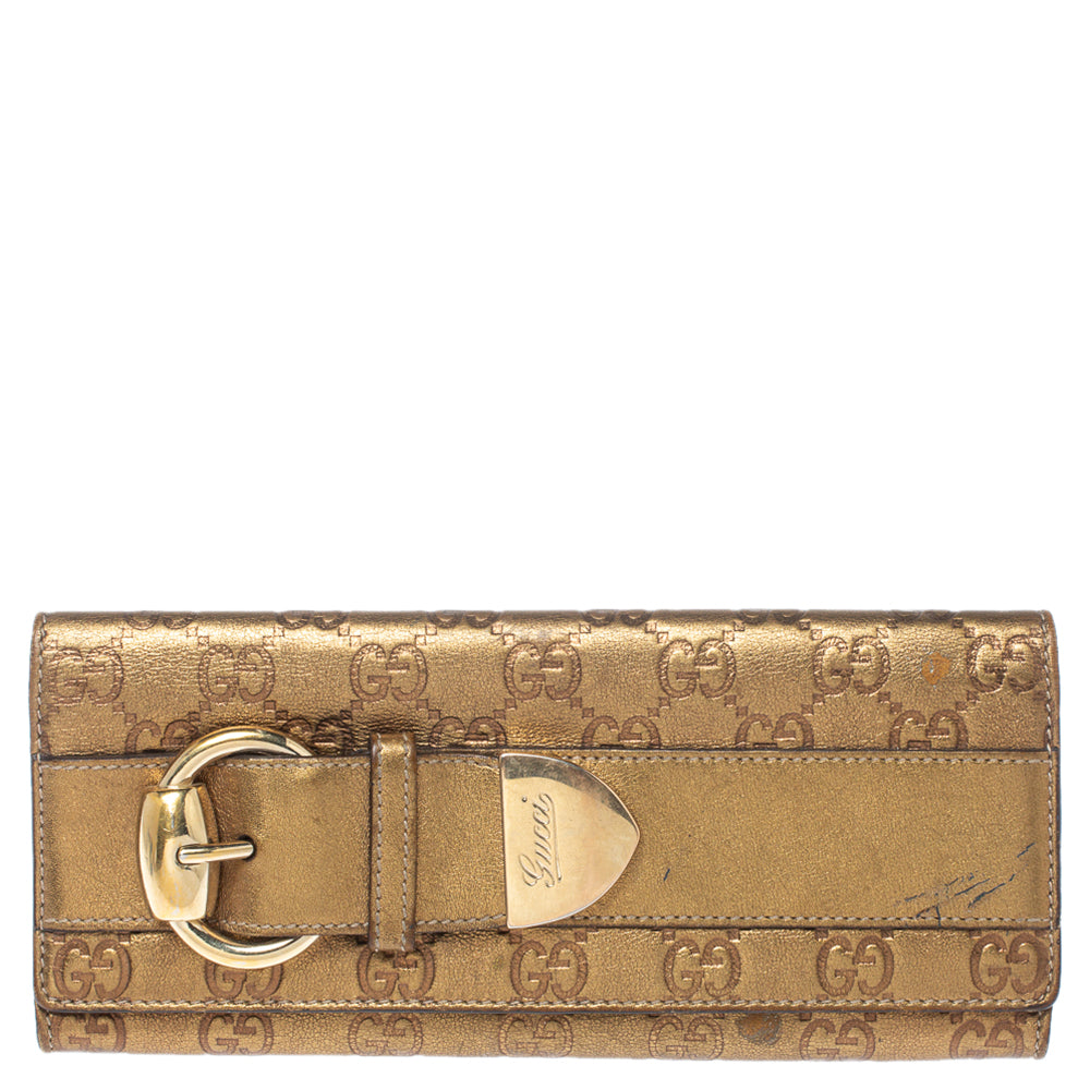 Gucci Gold Guccissima Leather Buckle Continental Wallet