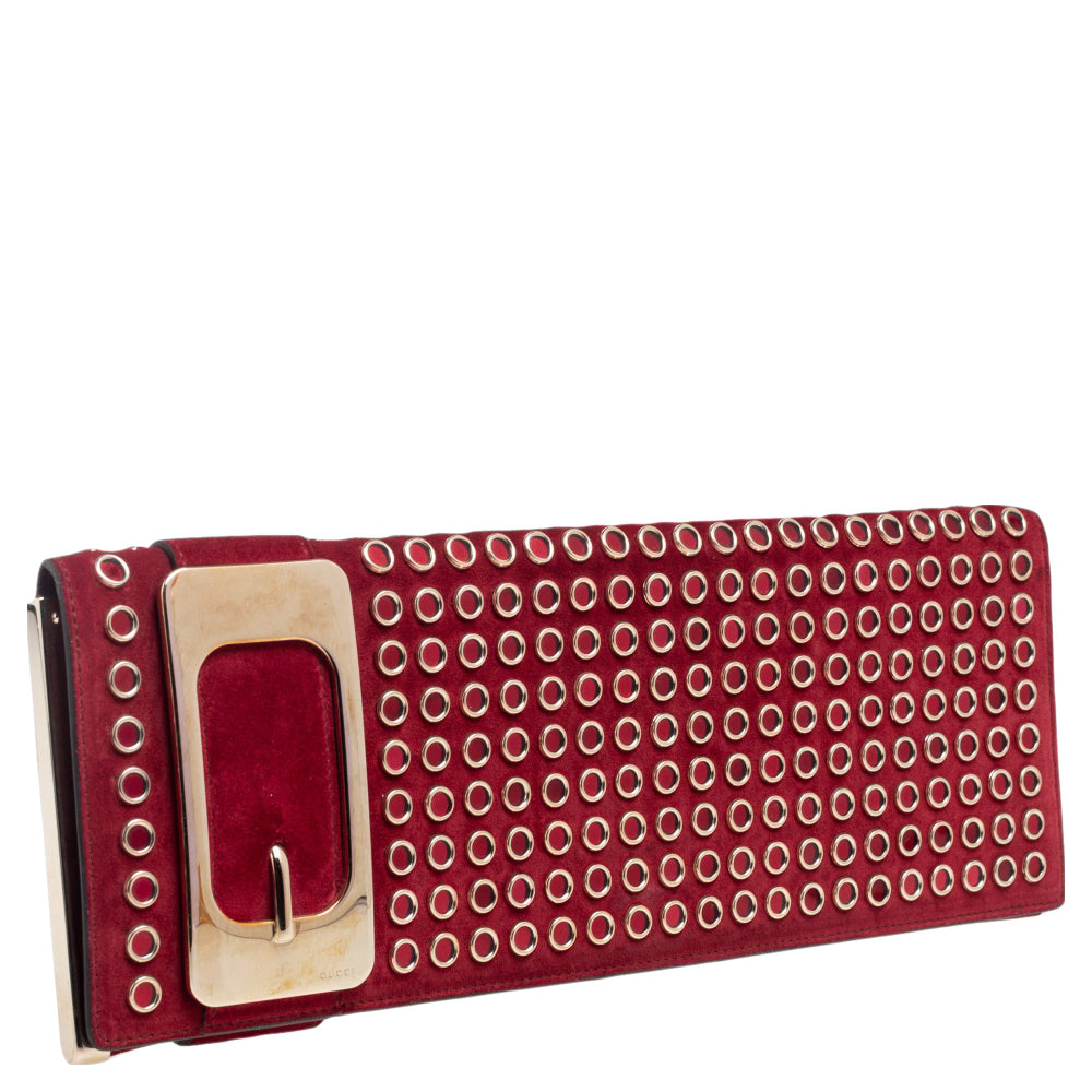 Gucci Red Suede Grommet Buckle Flap Clutch