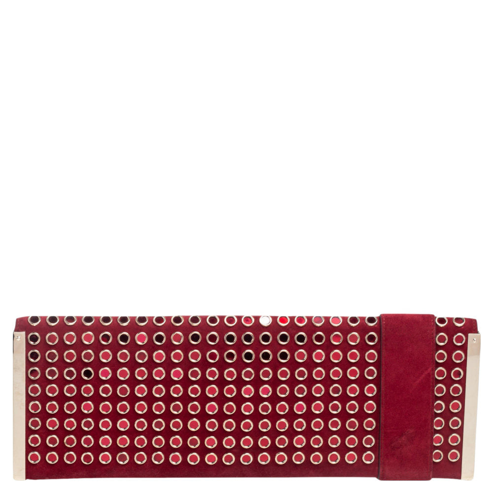 Gucci Red Suede Grommet Buckle Flap Clutch