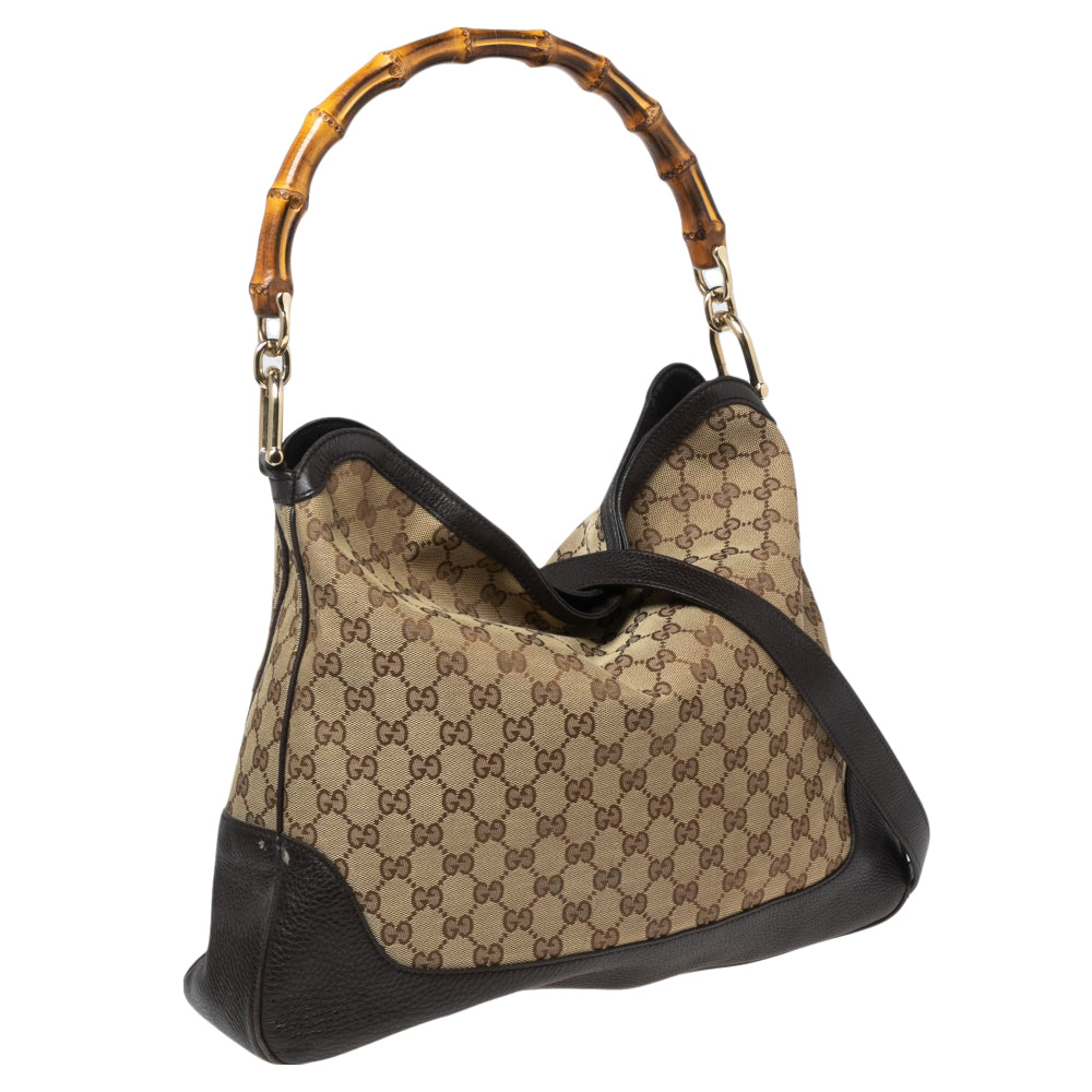 Gucci Beige GG Canvas And Leather Bamboo Shopper Tote