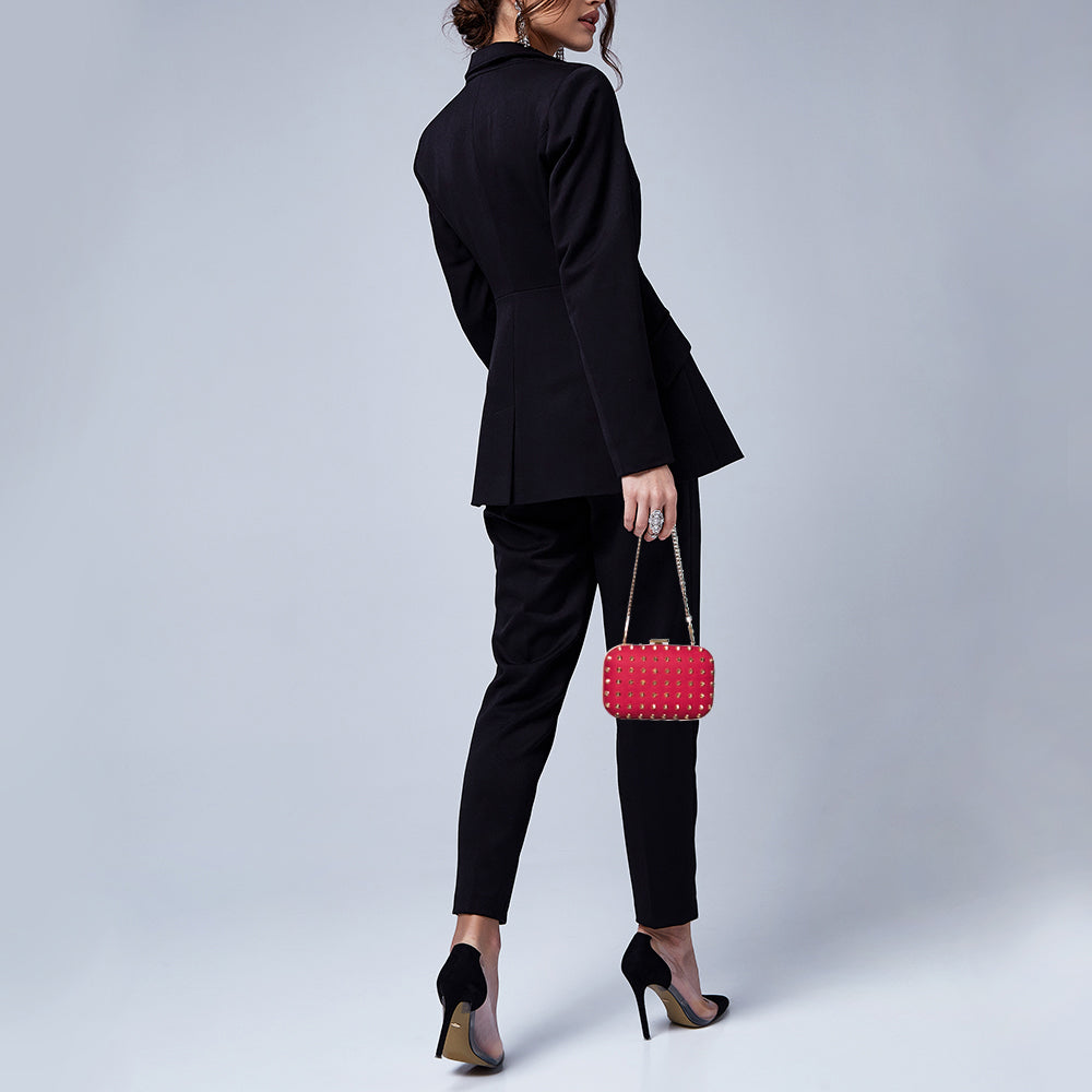 Gucci Red Alcantara Studded Broadway Chain Clutch
