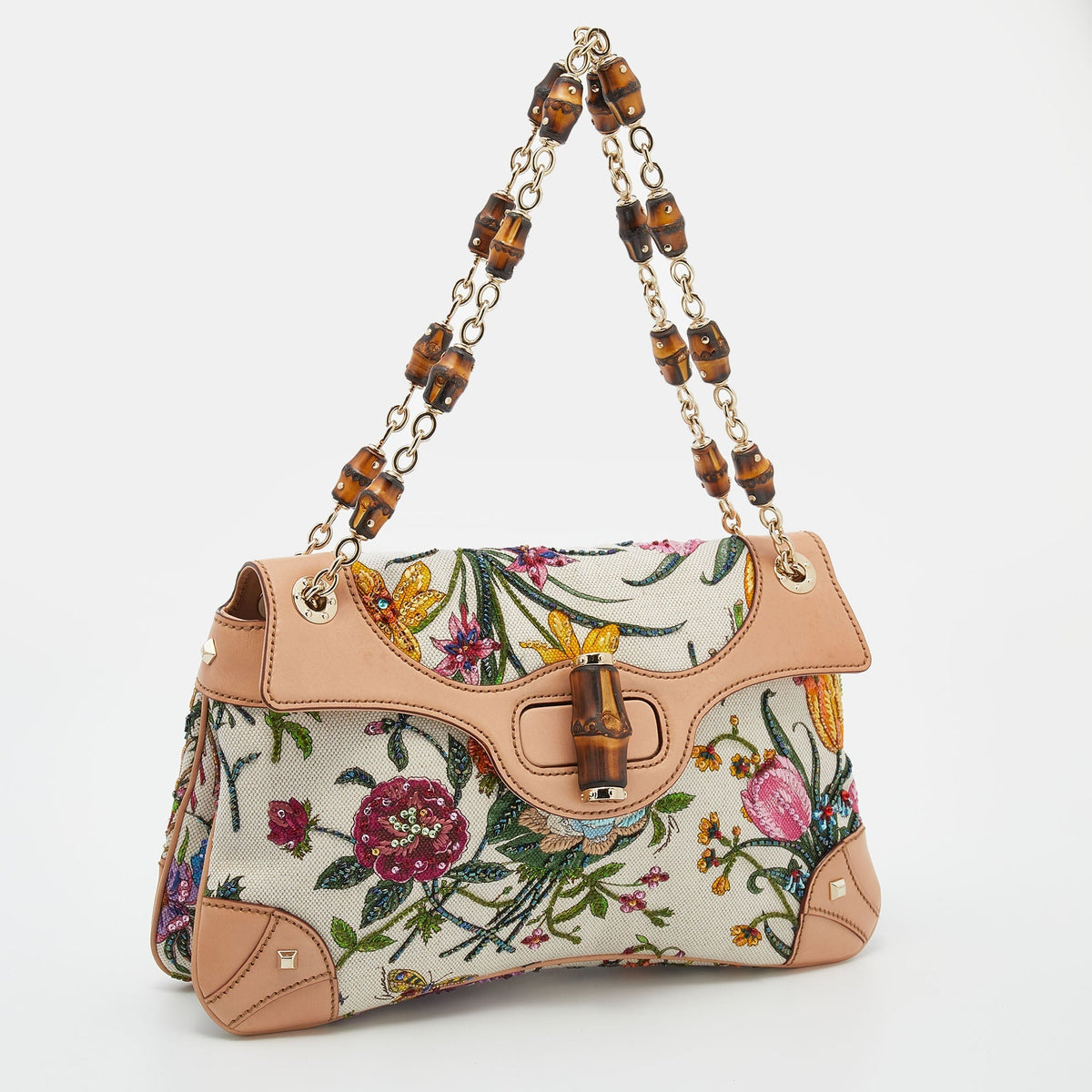 Gucci Multicolor Flora Print Canvas Beaded Bamboo Shoulder Bag
