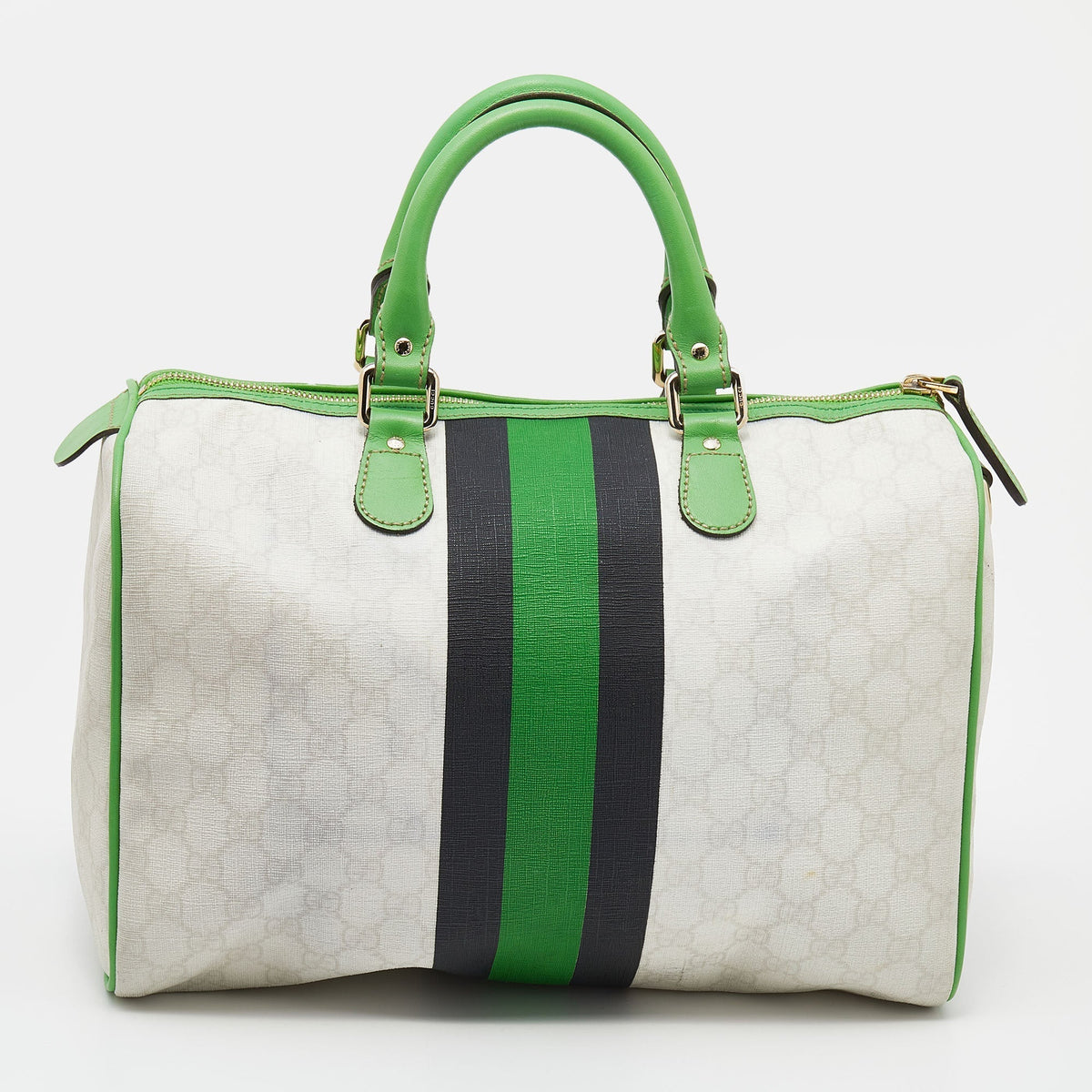 Gucci White/Green GG Supreme Canvas And Leather Medium Web Stripe Joy Boston Bag