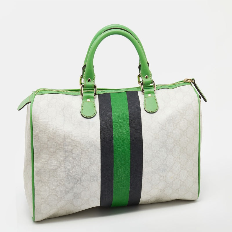 Gucci White/Green GG Supreme Canvas And Leather Medium Web Stripe Joy Boston Bag