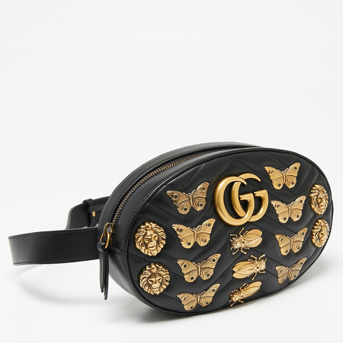 Gucci Black Leather Animal Stud GG Marmont Belt Bag