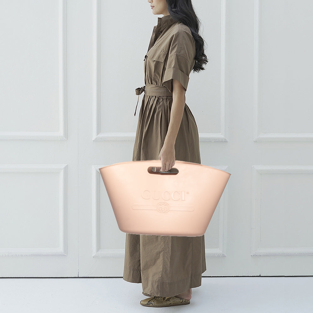 Gucci Beige Rubber Logo Cut Out Handle Tote