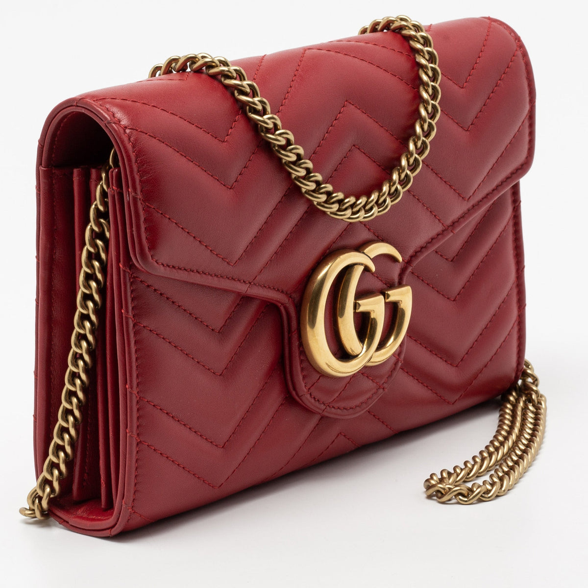 Gucci Red Matelasse Leather GG Marmont Wallet On Chain