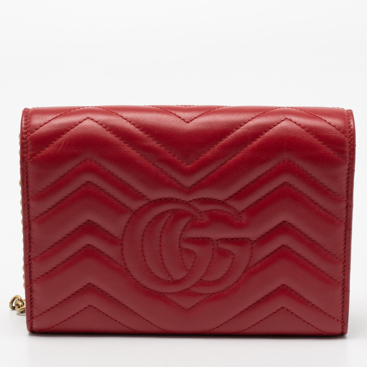 Gucci Red Matelasse Leather GG Marmont Wallet On Chain