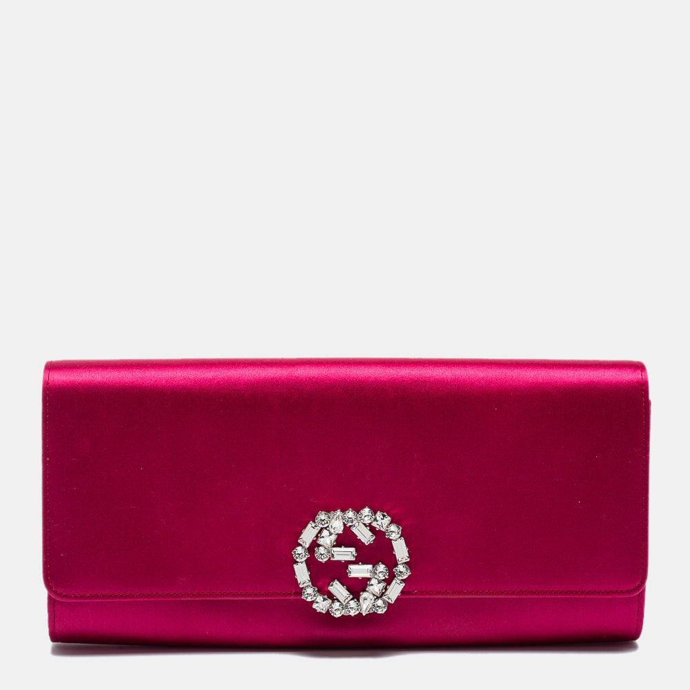 Gucci Pink Satin Crystal Interlocking G Broadway Clutch
