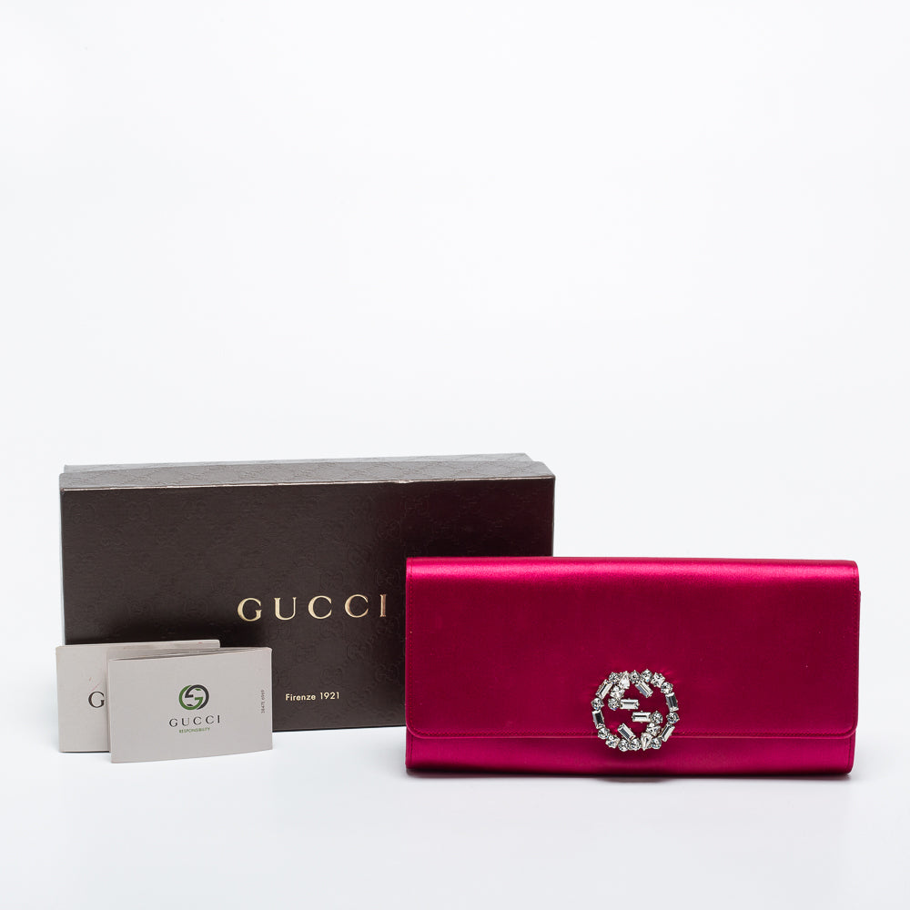 Gucci Pink Satin Crystal Interlocking G Broadway Clutch