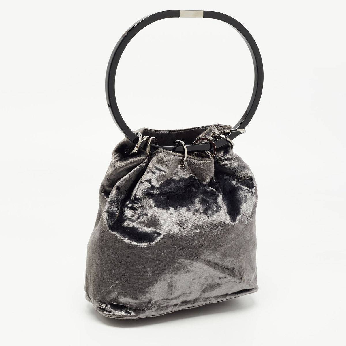 GUCCI Grey Velvet Ring Loop Handle Bucket Bag