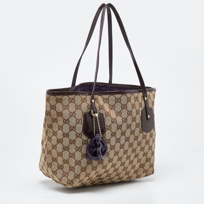 GUCCI Beige/Brown GG Canvas and Patent Leather Small Jolie Web Charms Tote