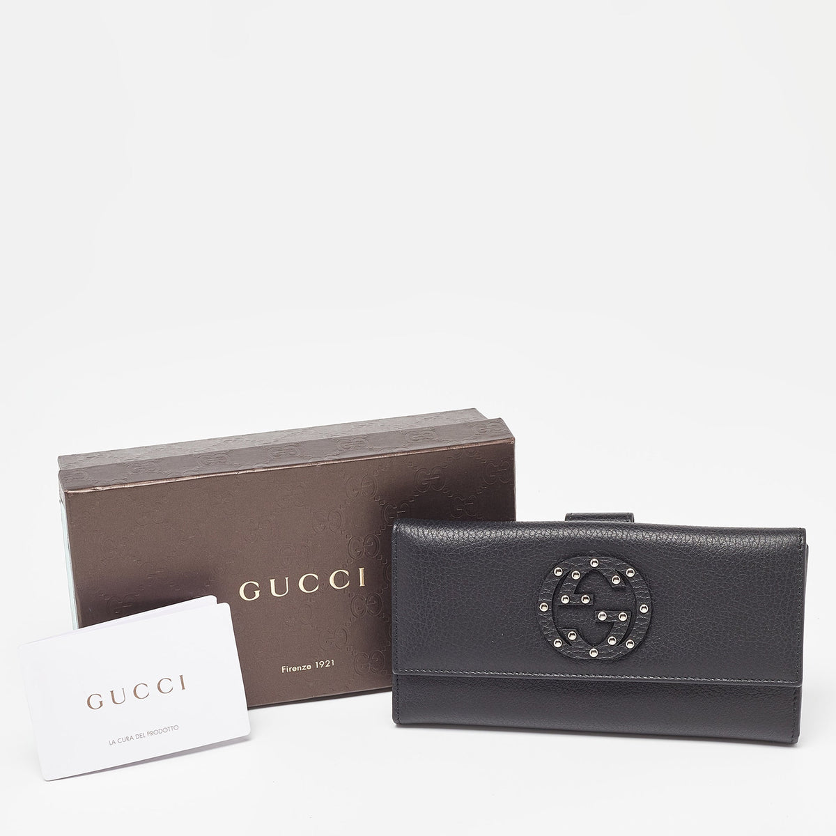 GUCCI Black Leather Soho Studded Continental Wallet