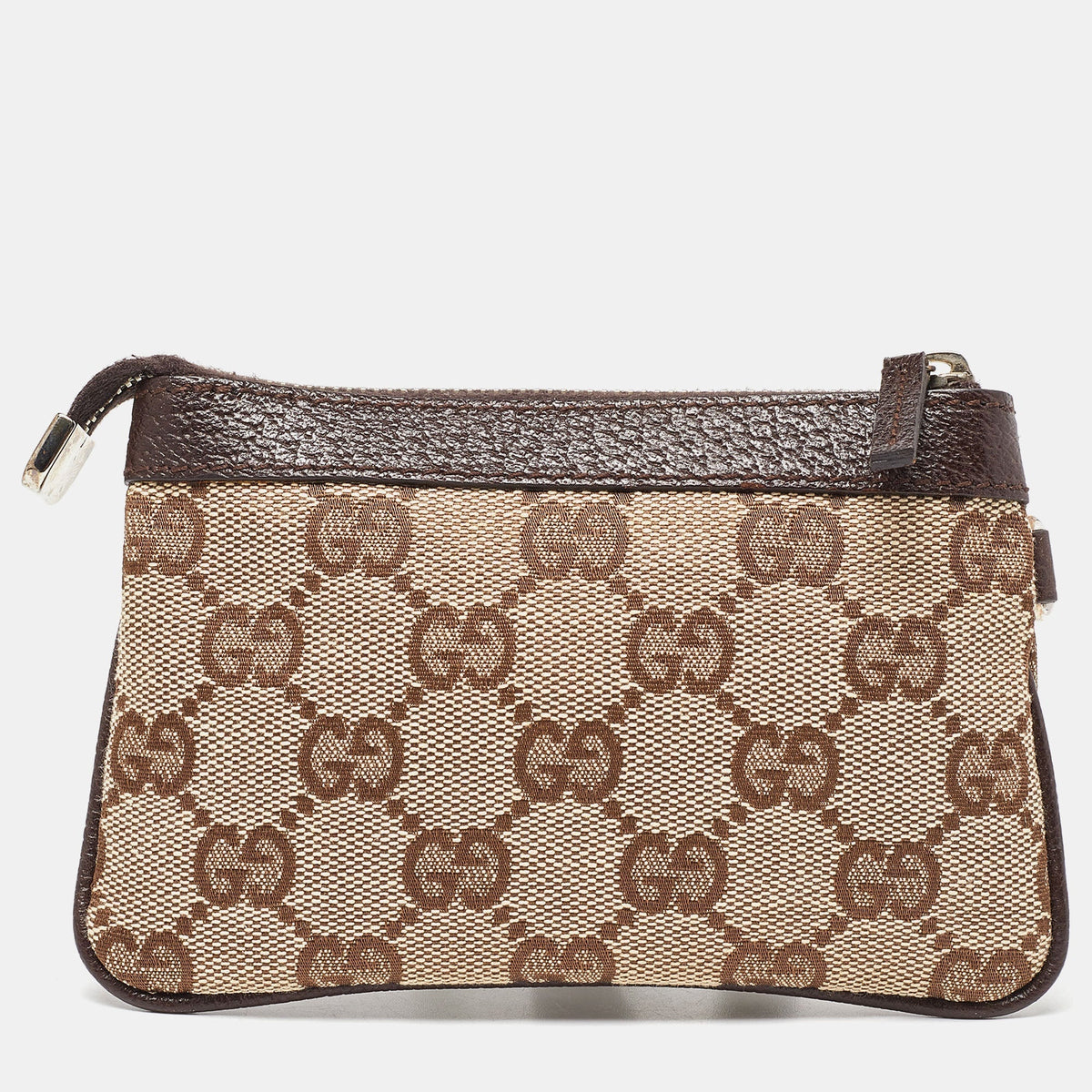 GUCCI Beige/Brown GG Canvas and Leather Zip Pouch