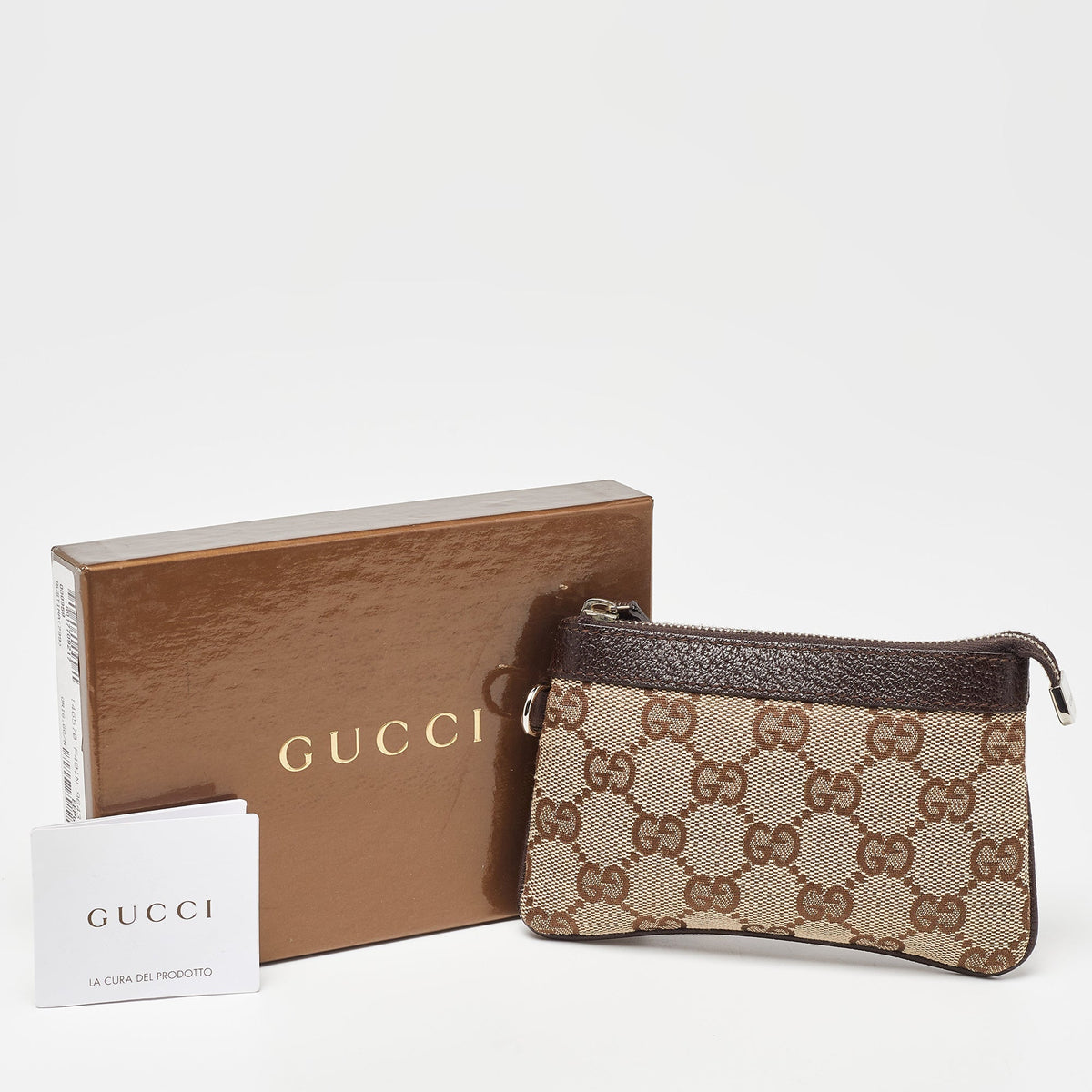 GUCCI Beige/Brown GG Canvas and Leather Zip Pouch