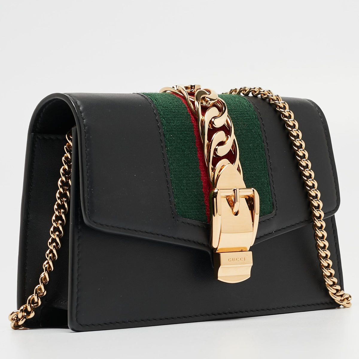 GUCCI Black Leather Super Mini Sylvie Chain Shoulder Bag