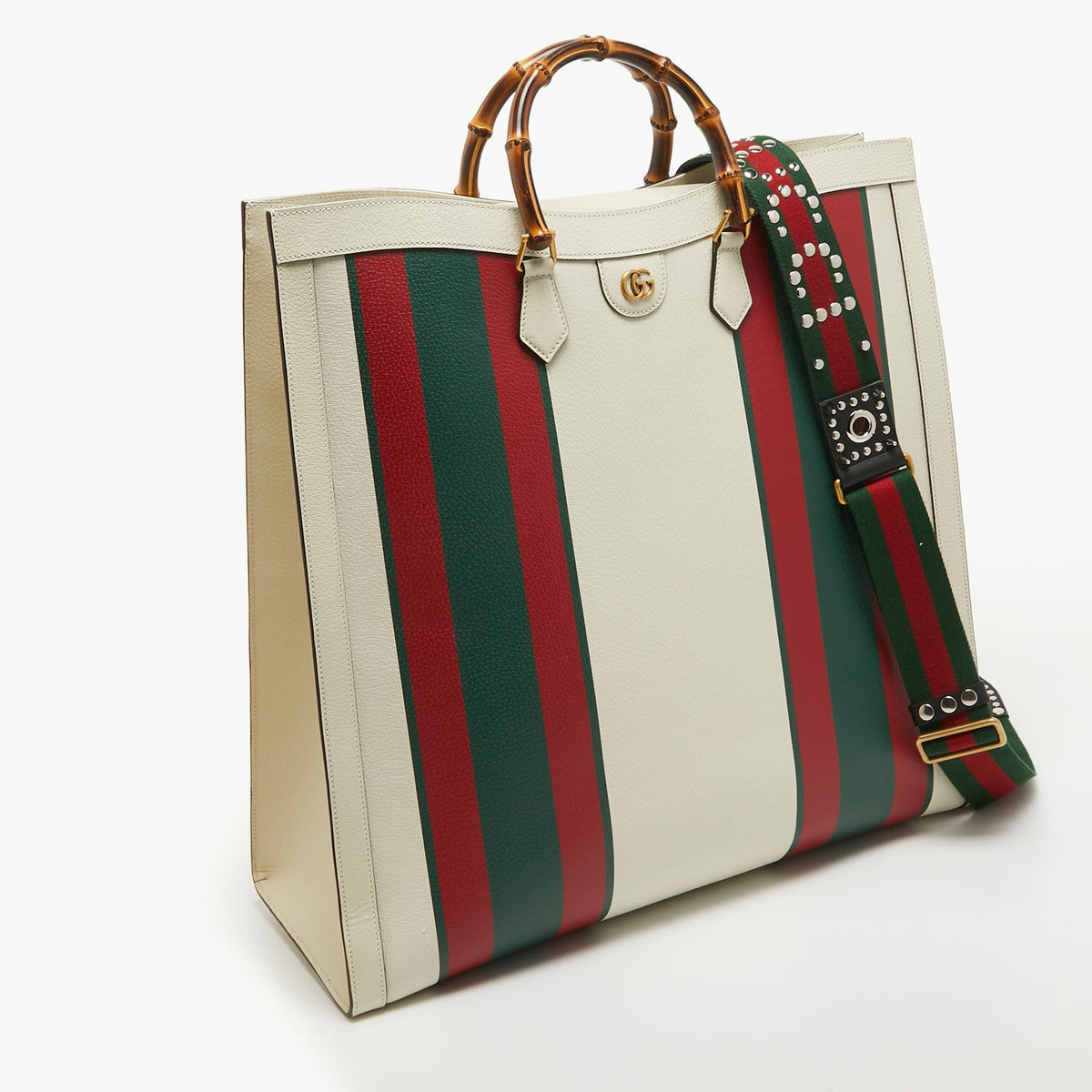 GUCCI Off White Leather Web Print Maxi Diana Tote