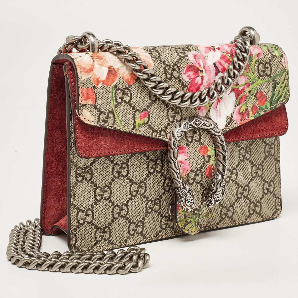 GUCCI Burgundy/Beige GG Supreme Canvas and Suede Mini Blooms Dionysus Shoulder Bag