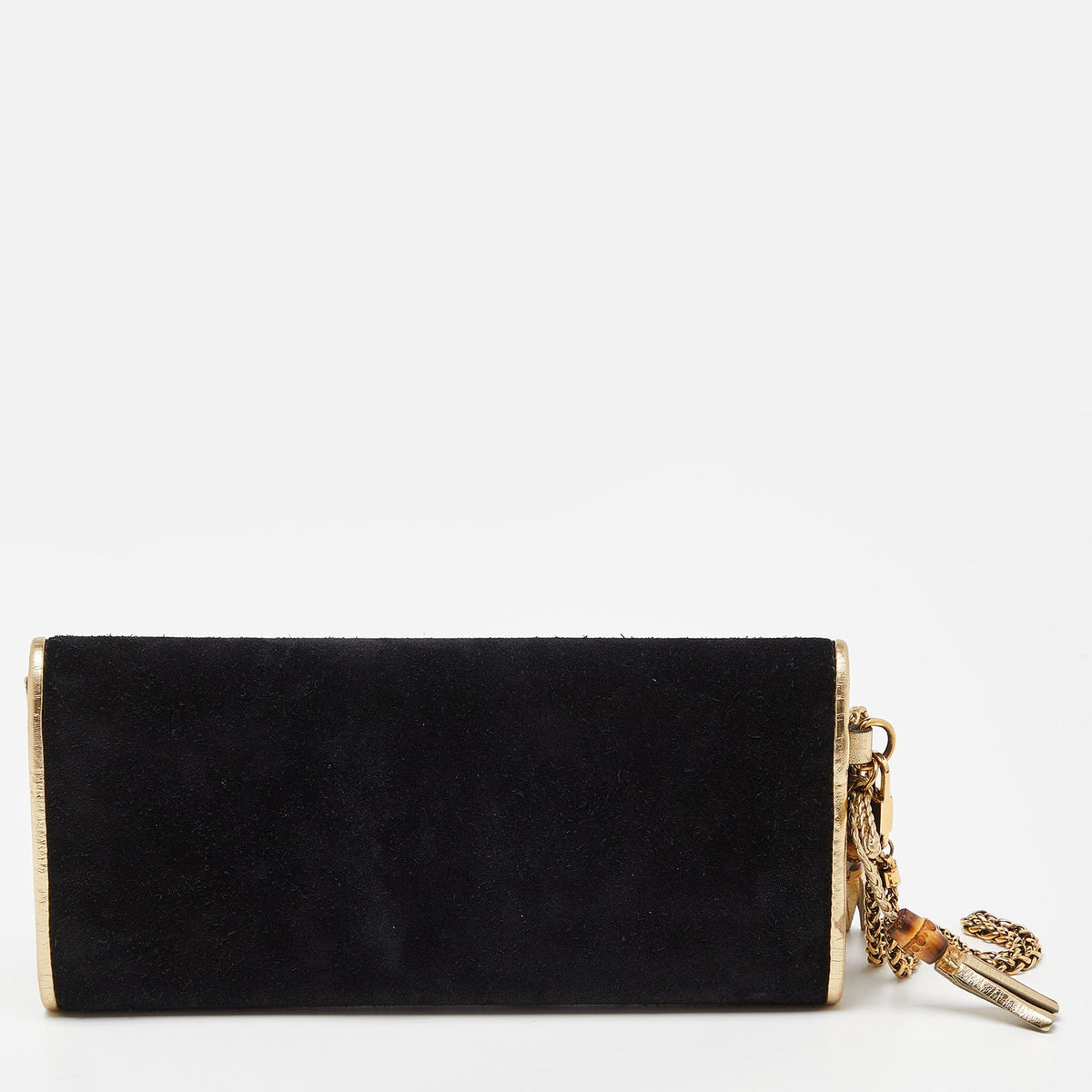 GUCCI Black/Gold Suede Bamboo Wristlet Clutch