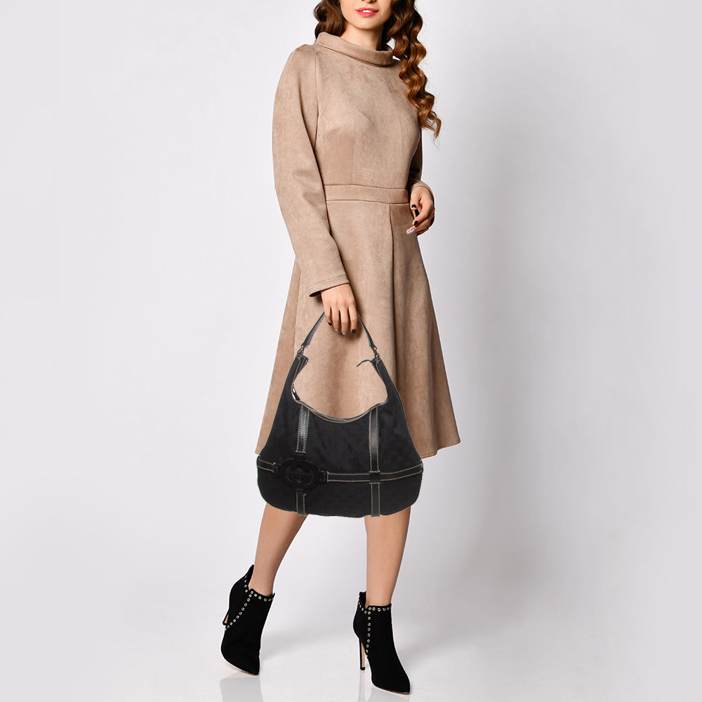 GUCCI Black GG Canvas and Leather Royal Hobo