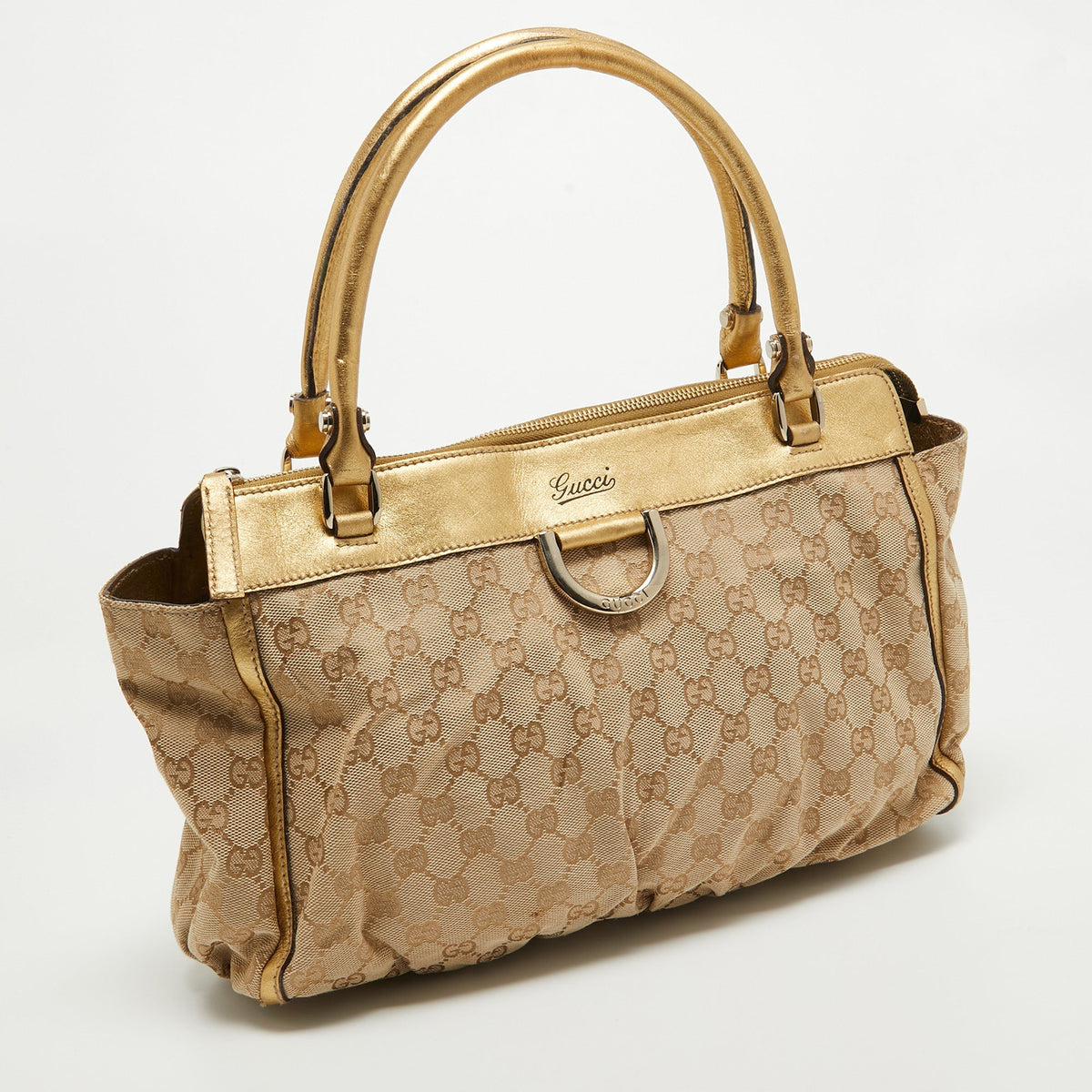 GUCCI Gold/Beige GG Canvas and Leather D Ring Tote