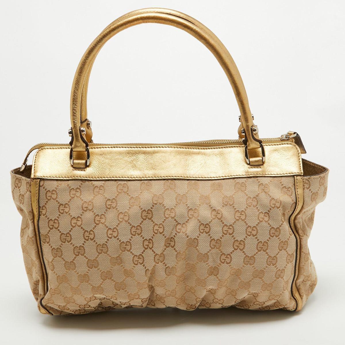 GUCCI Gold/Beige GG Canvas and Leather D Ring Tote