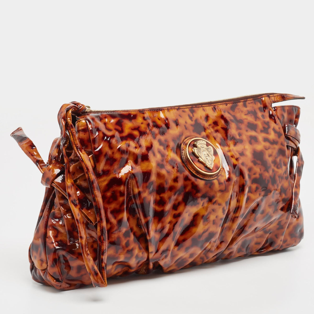 GUCCI Brown Leopard Print Patent Leather Large Hysteria Clutch