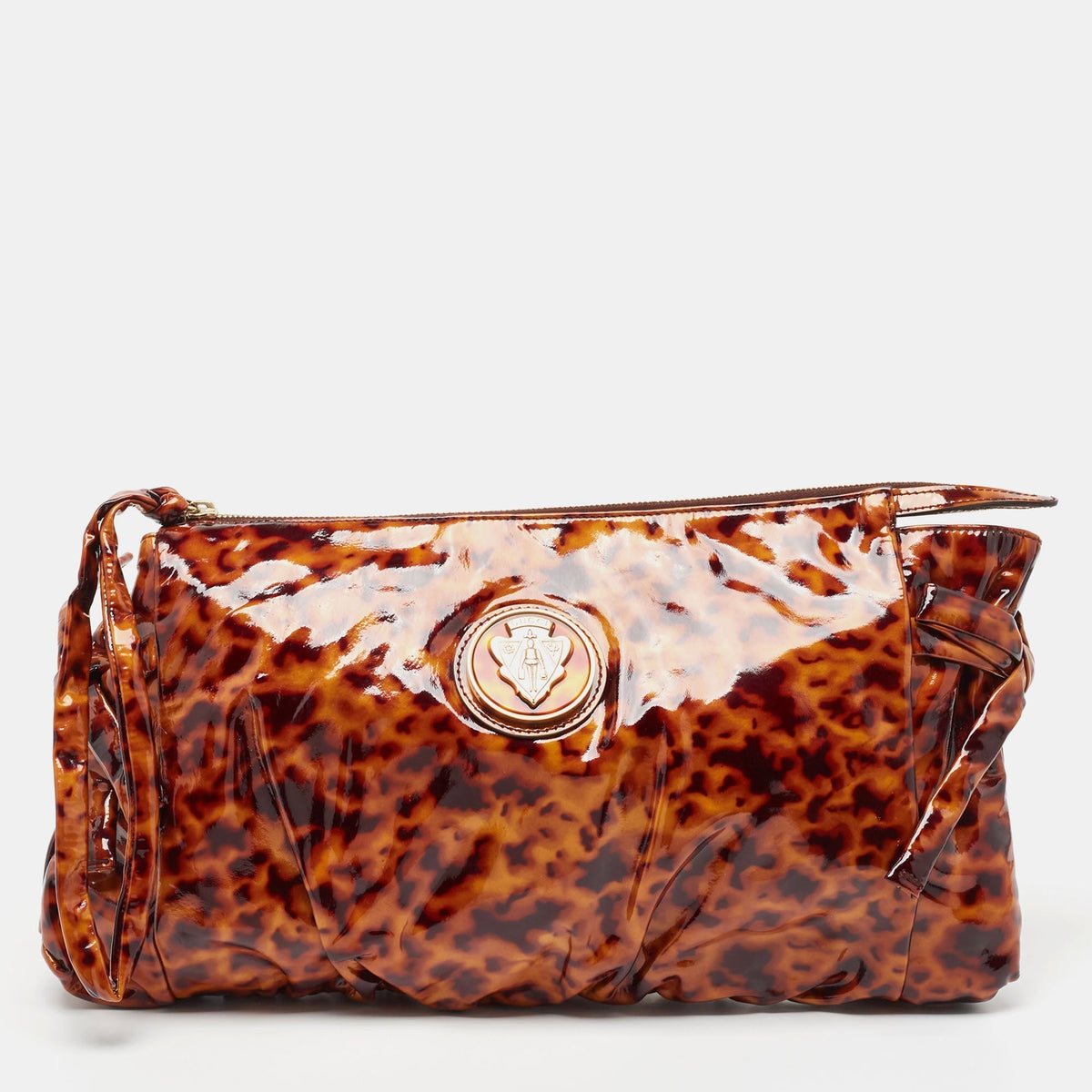 GUCCI Brown Leopard Print Patent Leather Large Hysteria Clutch