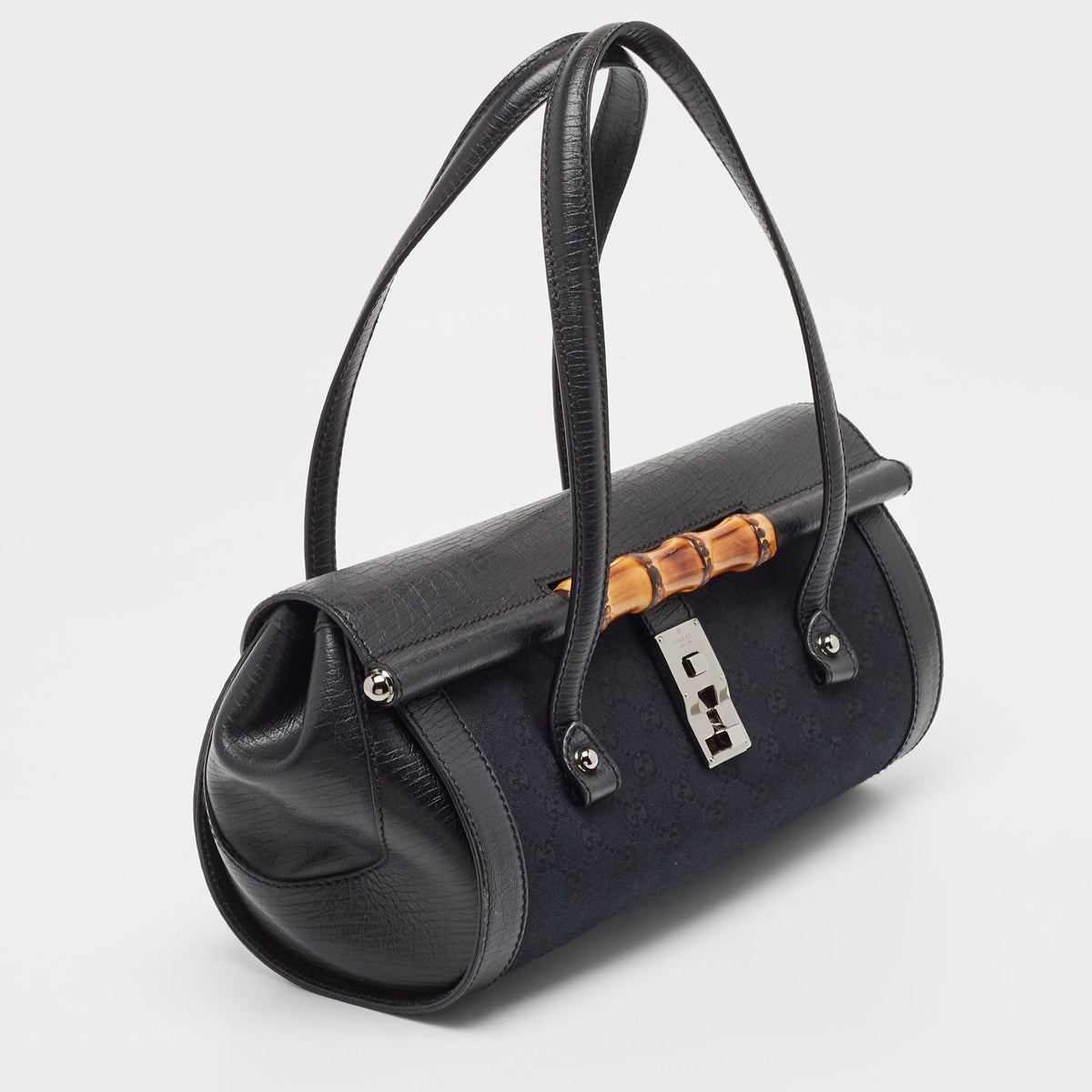 GUCCI Black GG Canvas and Leather Bamboo Bullet Satchel