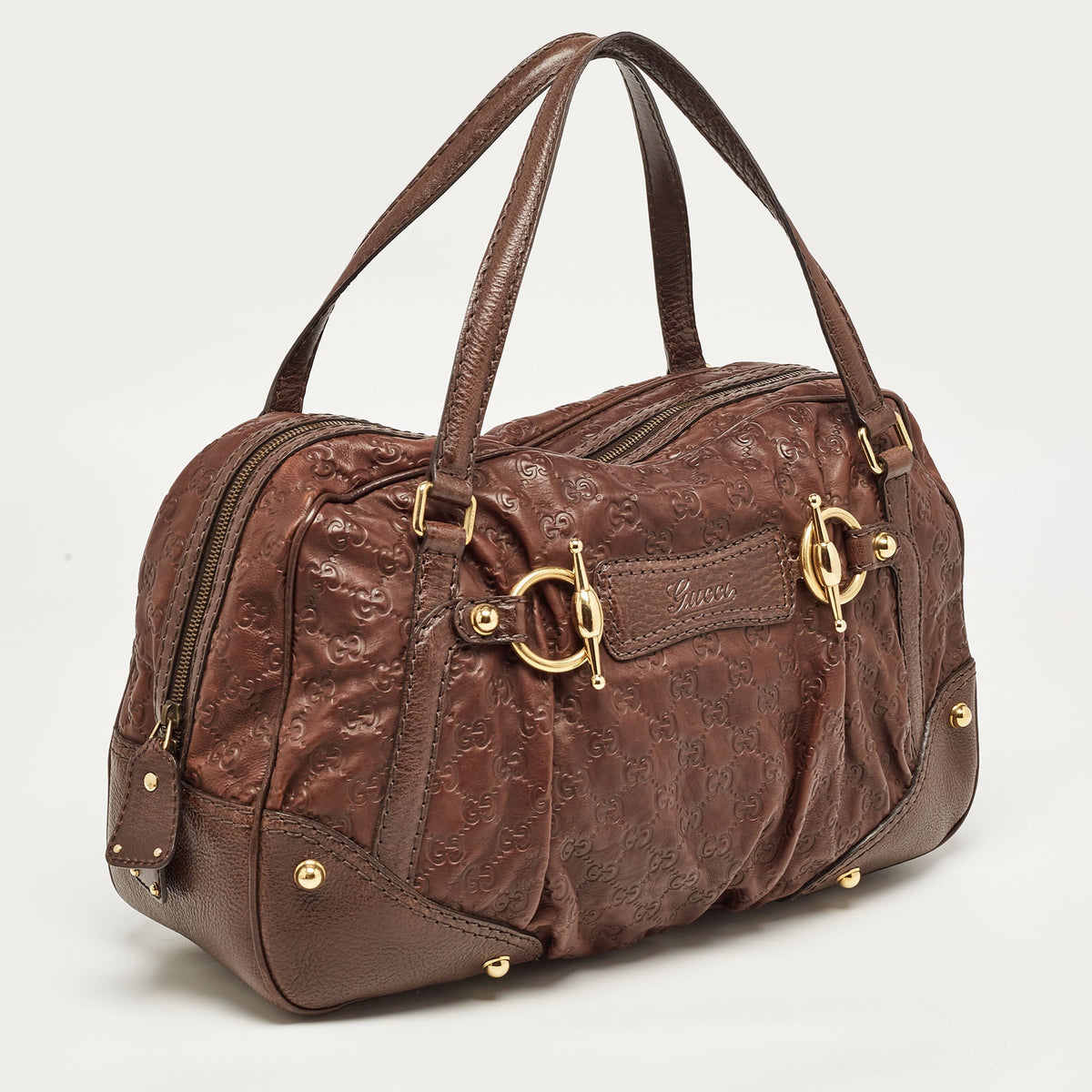GUCCI Dark Brown ssima Leather Jockey Boston Bag